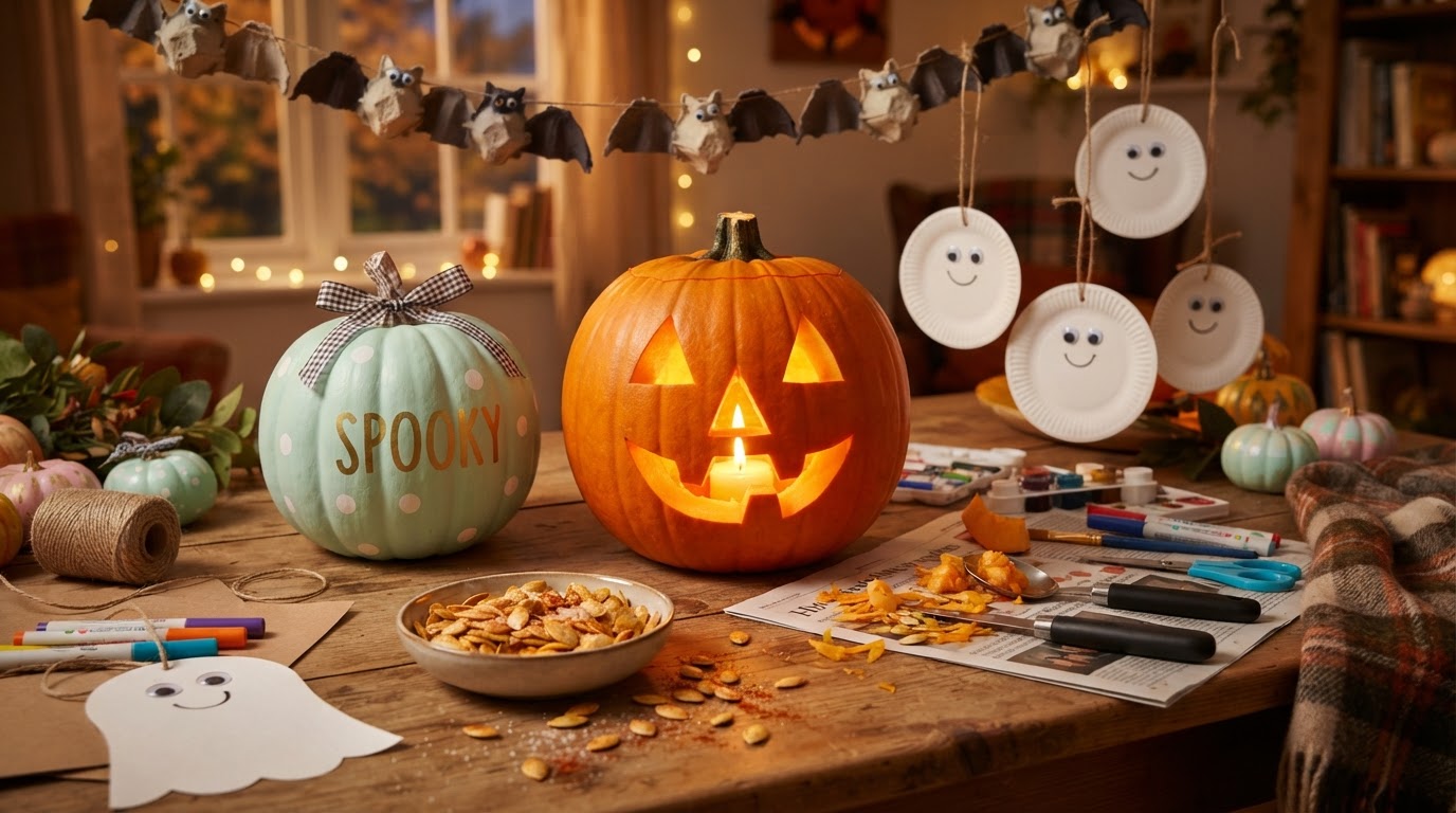 Pumpkin carving and Halloween crafts — a carved jack-o'-lantern with a triangle grin, a no-carve painted pumpkin, egg-carton bats, and paper-plate ghosts on a craft table dusted with pumpkin seeds under warm amber light.