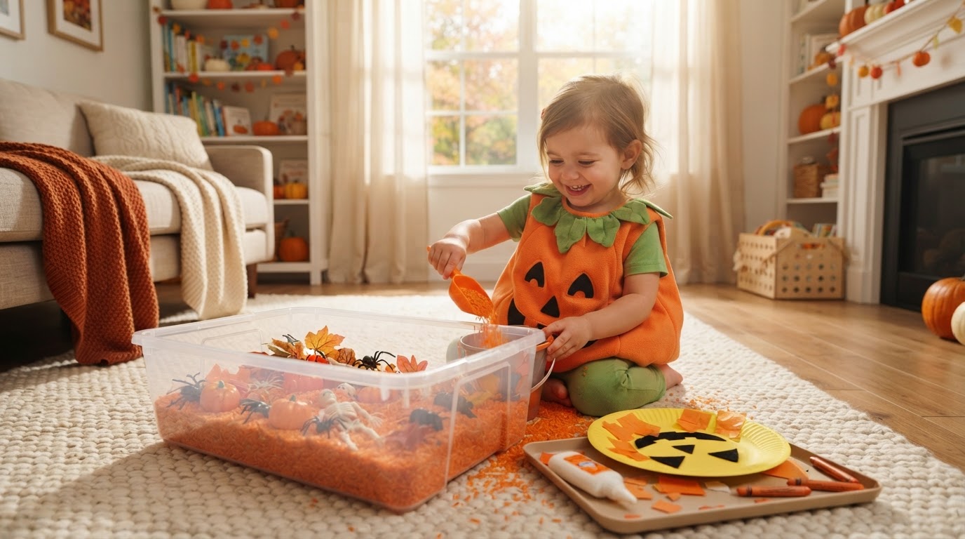 A sunny living room with a toddler in a friendly pumpkin costume doing a sensory orange-rice bin with scoops and a paper-plate jack-o'-lantern craft on the rug — gentle candy-free Halloween toddler activities.
