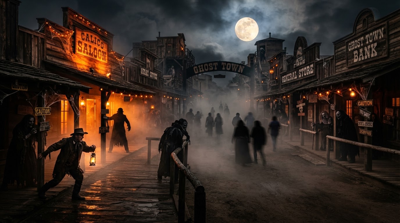 Knott's Scary Farm at night — a weathered Old West ghost town with wooden saloons and storefronts glowing orange from within, heavy rolling fog in the streets, scare actors in silhouette, and a full moon.