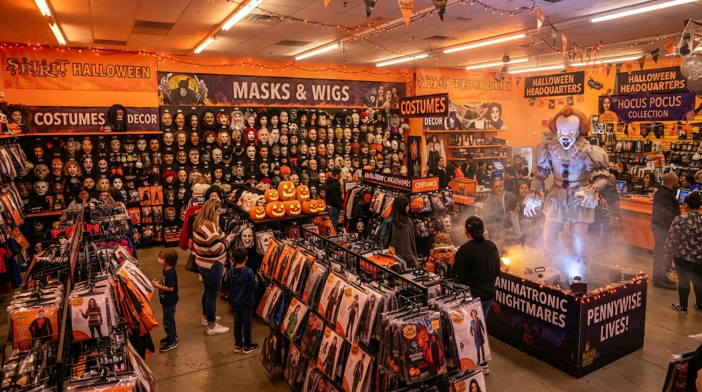 A Spirit Halloween style pop-up store interior — racks of Halloween costumes, a wall of masks, an animatronic figure on display, orange and black signage, fog machine haze, and carved pumpkins under warm fluorescent orange-tinted lighting.