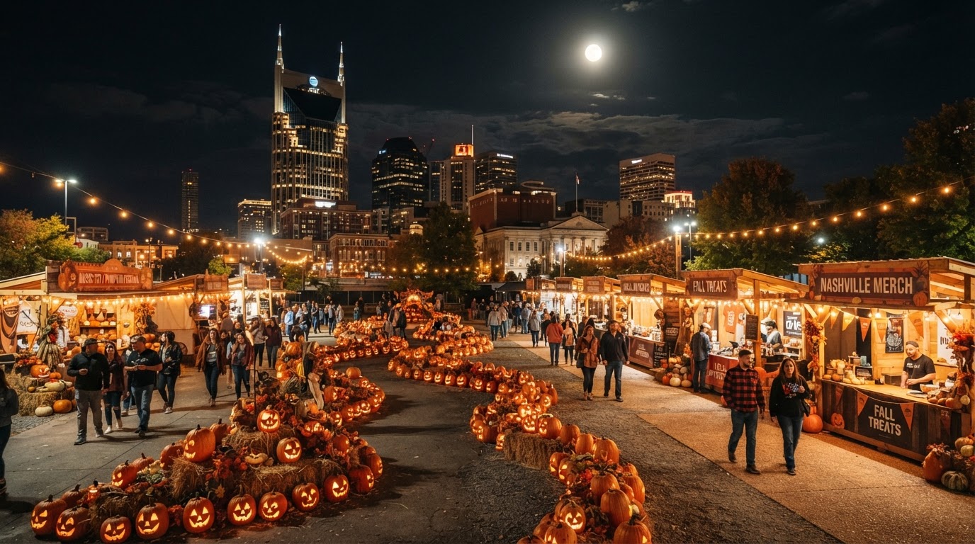 Nashville Pumpkin Fest — a downtown Nashville public square at night with a lit pumpkin trail and decorated market stalls glowing under string lights, Music City autumn evening, warm orange glow, and a full moon.