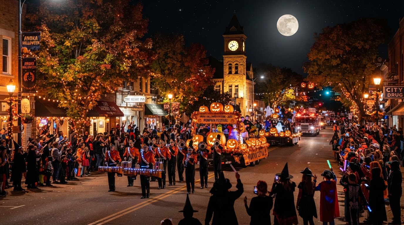 The Anoka Halloween parade — a small-town main street with a marching band and floats carrying carved pumpkins, townsfolk in costume in silhouette, a glowing town clock tower, orange string lights, and a full moon.