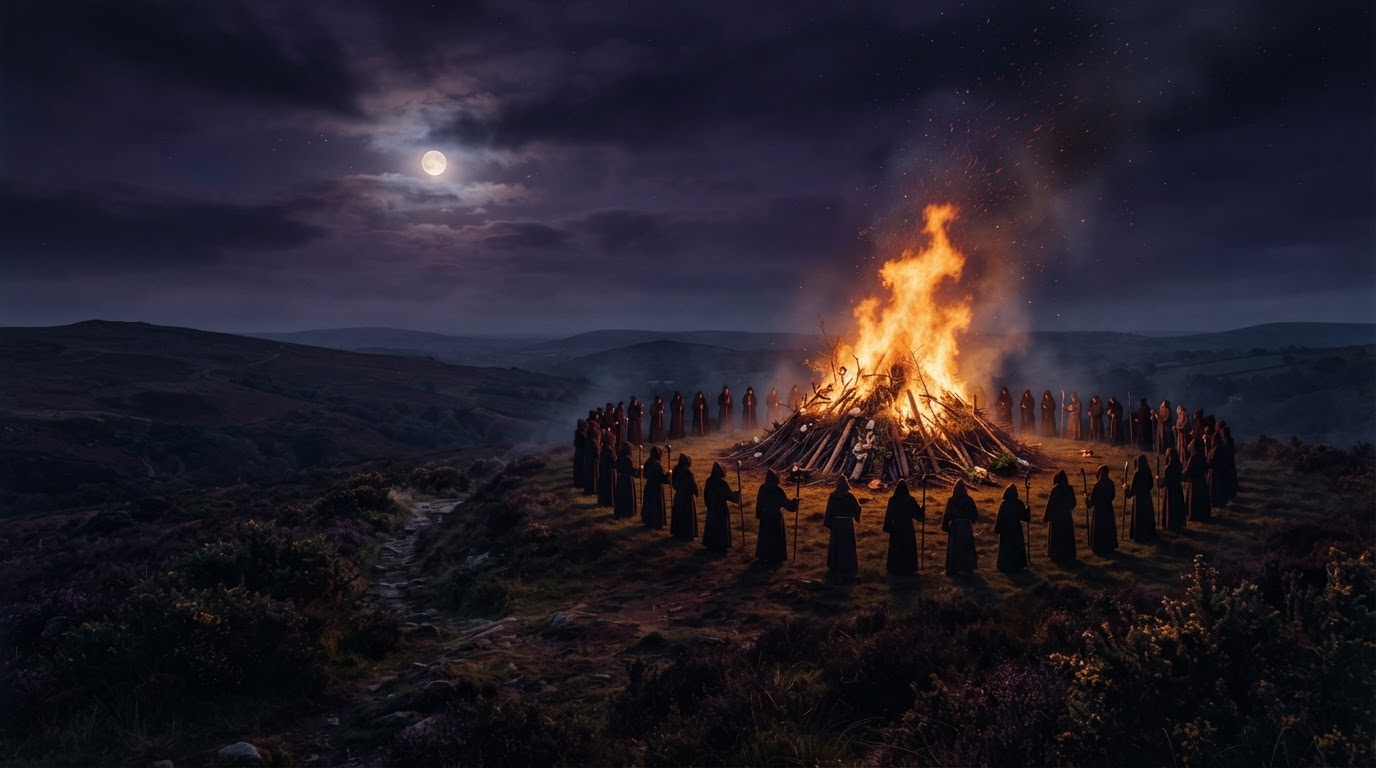 An ancient Celtic Samhain hilltop bonfire at dusk with robed figures in silhouette around a towering flame on autumn moorland under a deep purple-black sky.