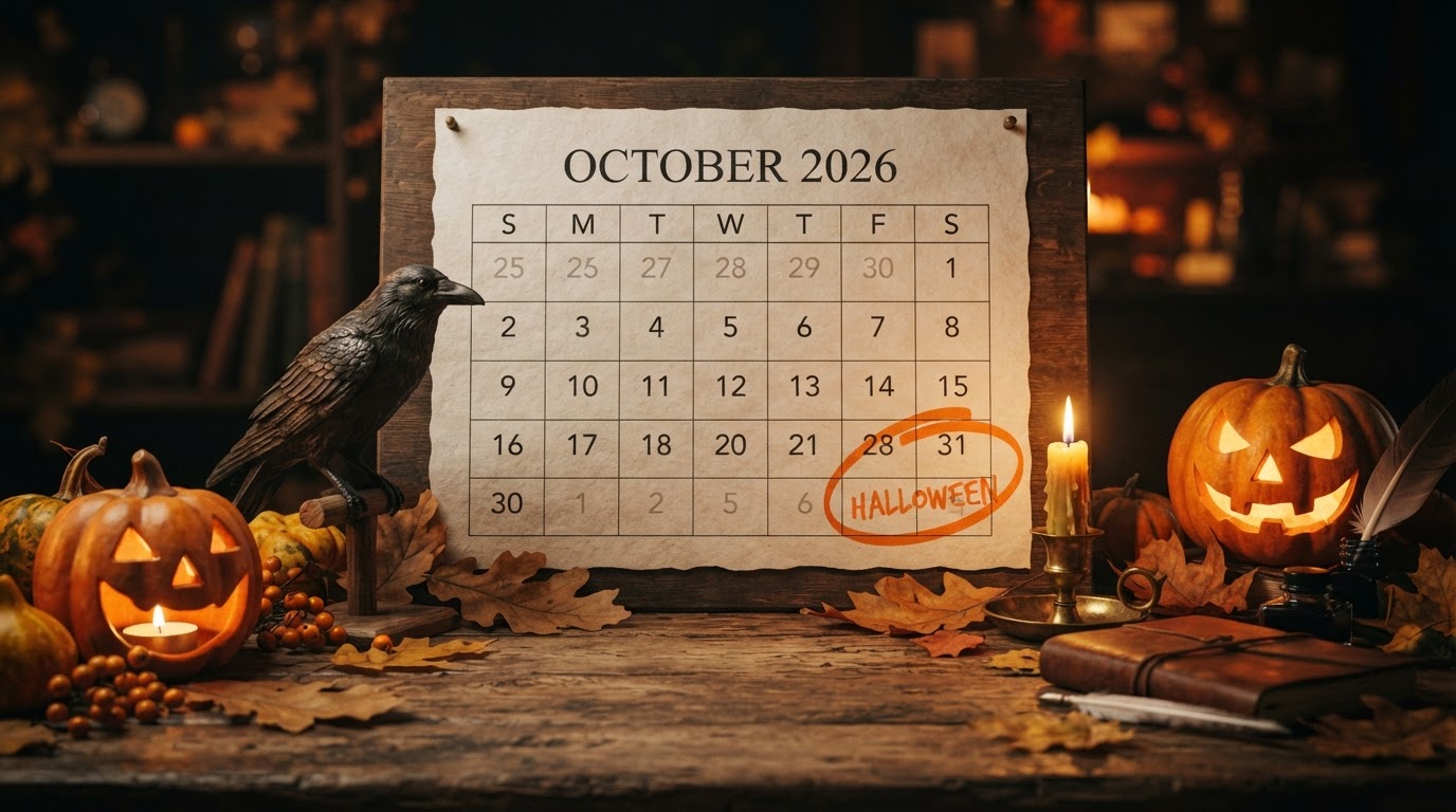 A large paper calendar page showing Saturday, October 31, 2026 circled in orange marker, surrounded by carved jack-o'-lanterns, a raven, dried autumn leaves, and a flickering candle — what day is Halloween 2026.