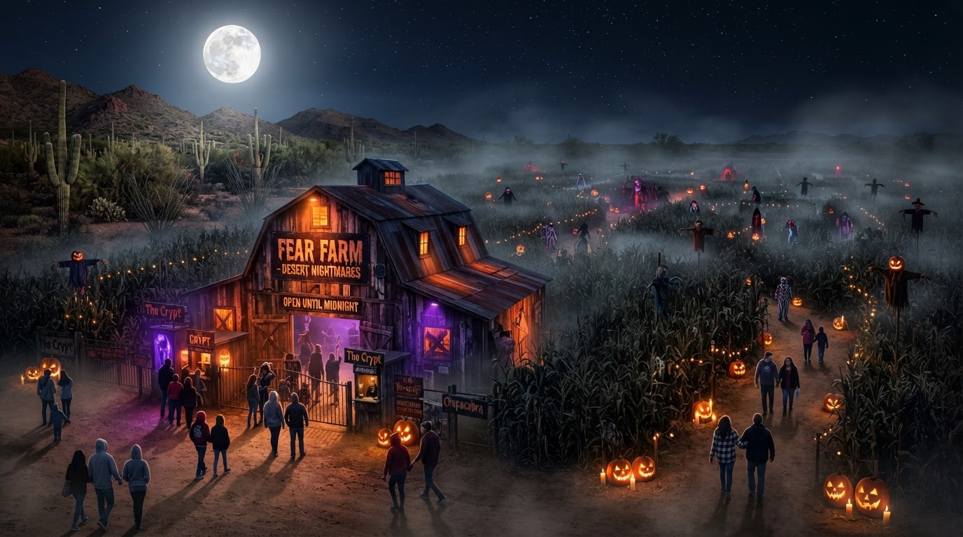 Fear Farm haunted attraction in Phoenix — a sprawling outdoor haunt with a weathered barn, a cornfield maze, scarecrows, carved jack-o'-lanterns, rolling fog, desert scrub, and a full moon.
