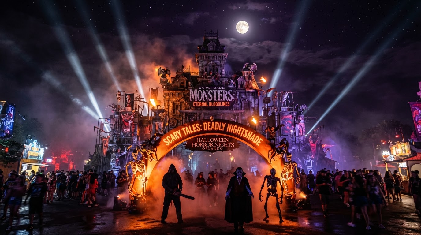 Halloween Horror Nights at Universal Orlando — a cinematic haunted-house facade with towering searchlights, thick fog, a glowing orange scare-zone archway, scare actors in silhouette, and a full moon.