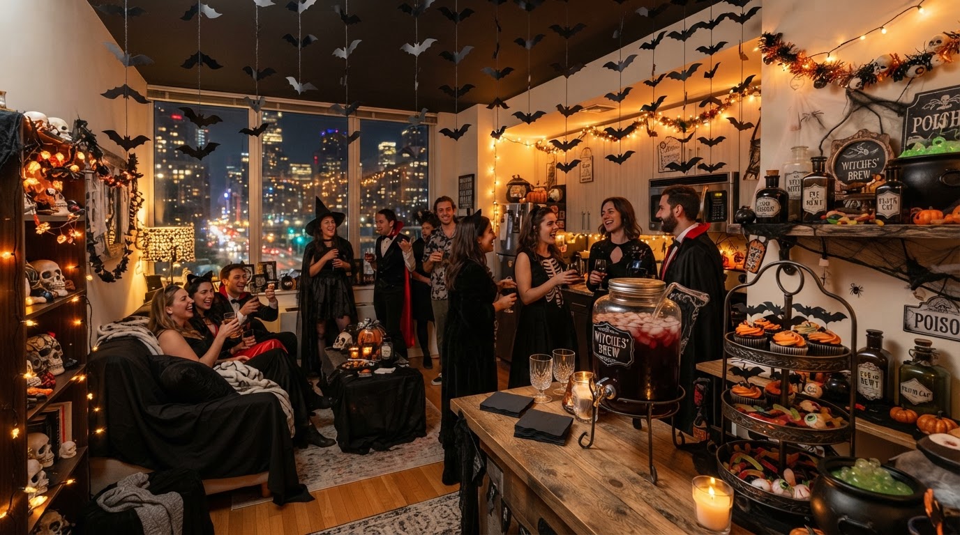 A cozy studio apartment Halloween party with vertical hanging paper bats from the ceiling, a single-counter potion bar with a punch dispenser, tiered cupcake stands, warm amber string lights, and a city view at night.
