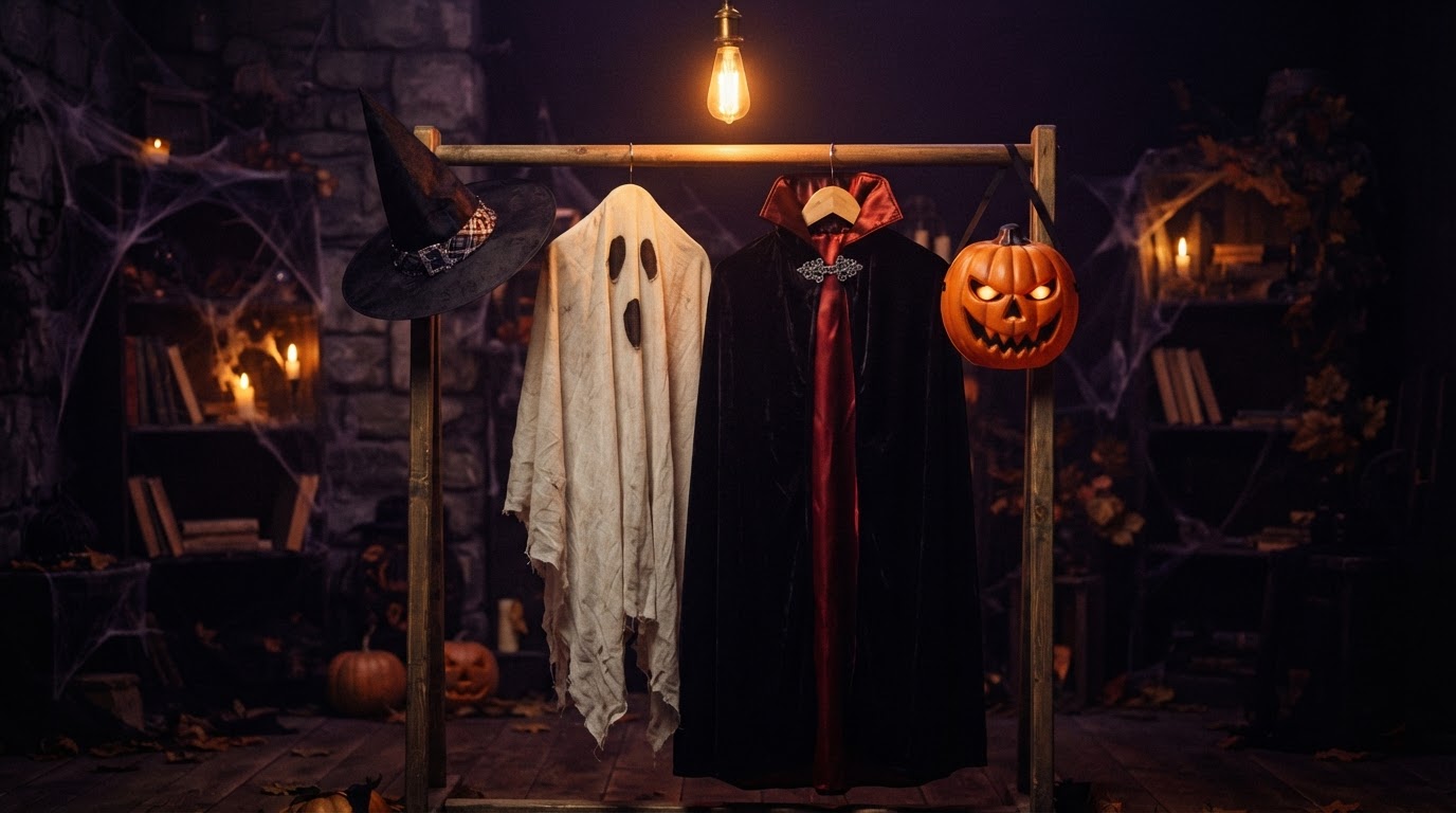 A rack of Halloween costumes — a witch hat, a ghost sheet, a vampire cape, and a pumpkin mask glowing under warm amber light against a deep purple-black background.