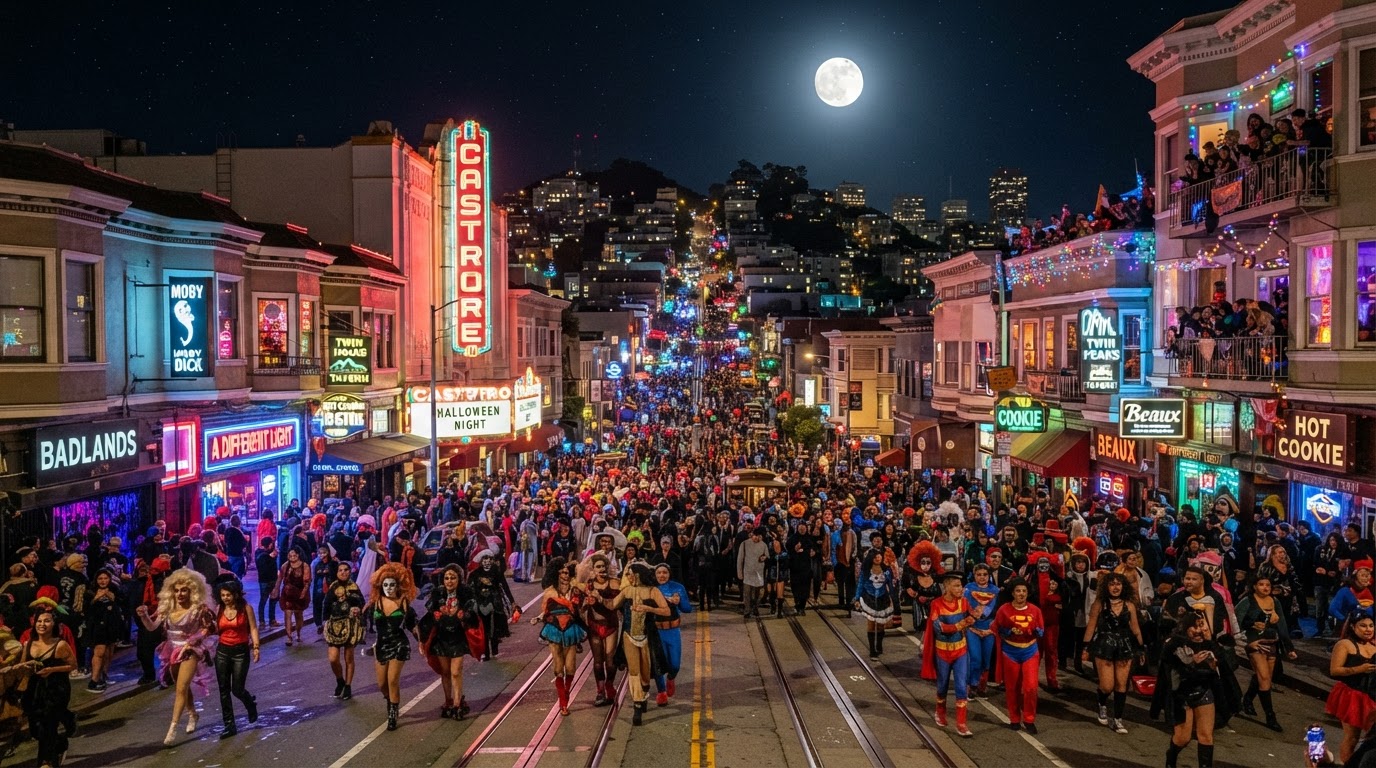 Castro Halloween in San Francisco — a crowded hillside city street packed with a costumed crowd, colorful party lights, historic storefronts, cable car tracks, and a full moon over the hills.