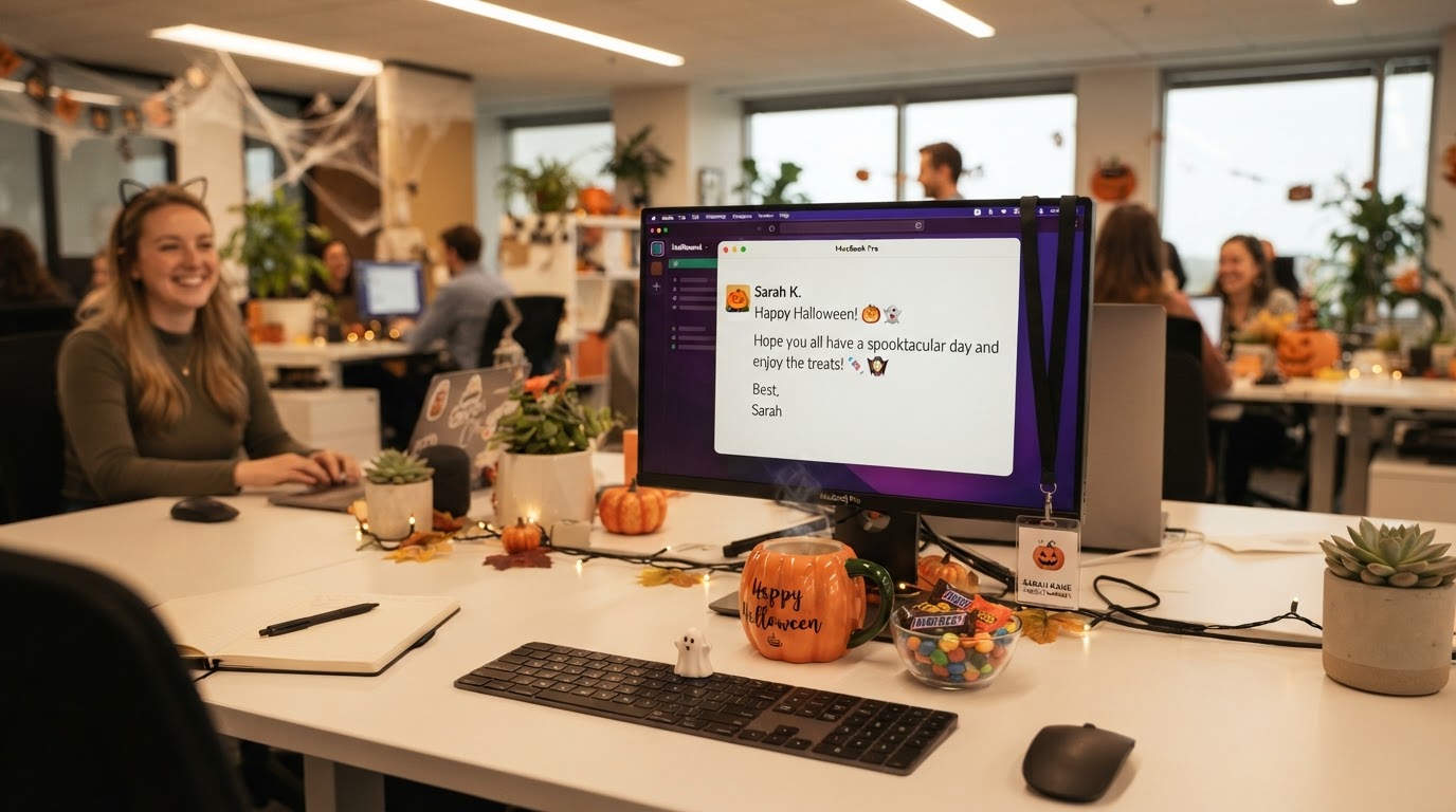 An open-plan office desk with a pumpkin mug, a Slack chat bubble on a monitor with a festive emoji message, a small candy bowl, and a lanyard costume name tag — professional Halloween wishes for coworkers.