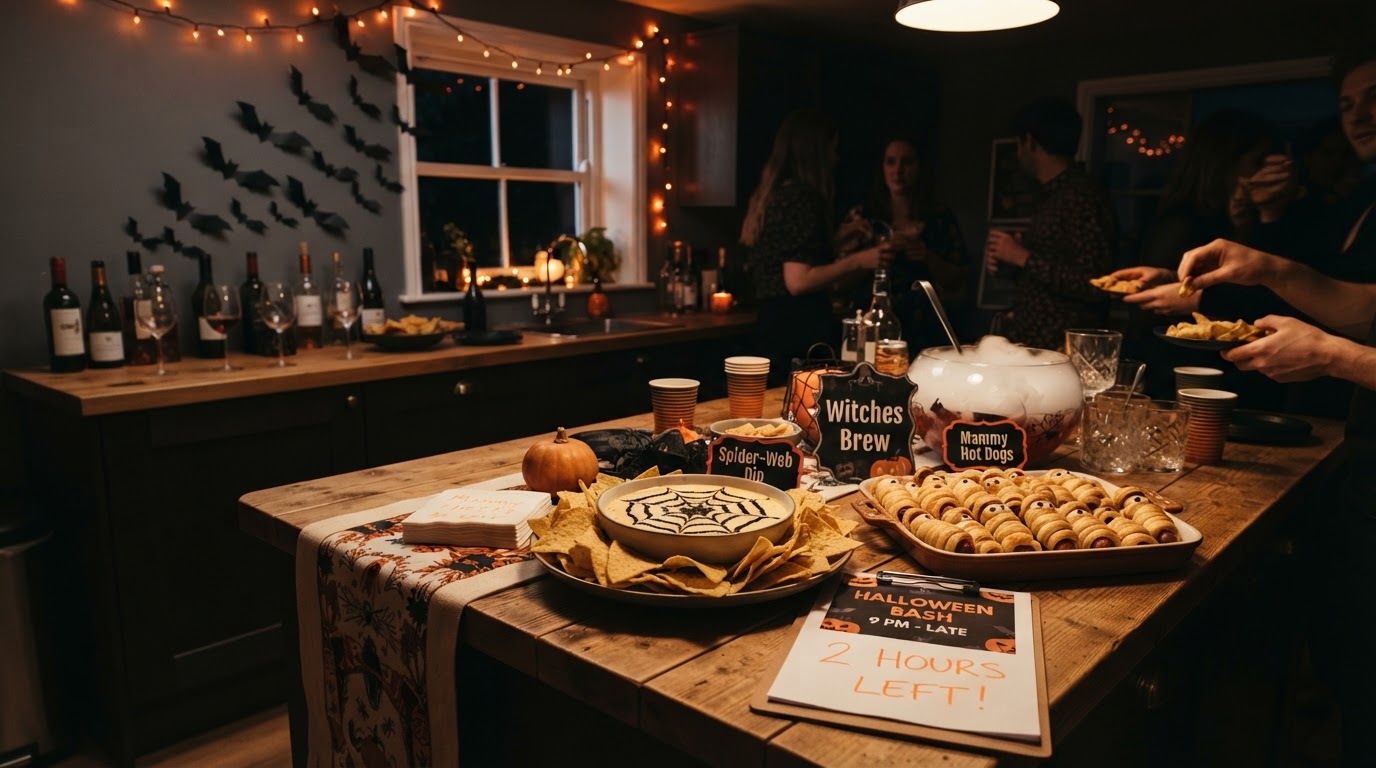 A last-minute Halloween party kitchen island with spider-web dip, mummy hot dogs on a tray, a foggy punch bowl, and paper bats taped to a wall flying toward a window, dim orange string lights.