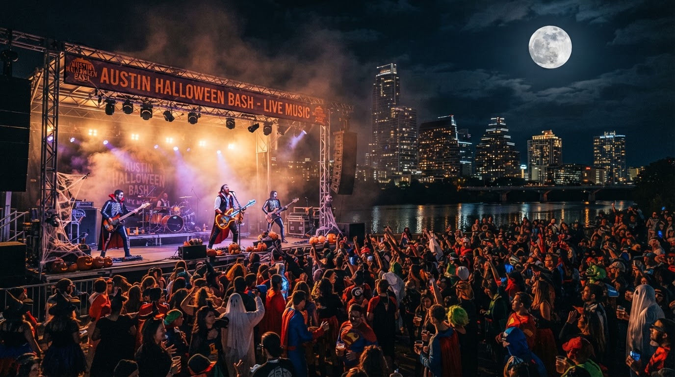 Austin Halloween — an outdoor live-music stage with a costumed crowd, a glowing guitar, the Austin skyline behind, warm orange and purple stage lights, fog, and a full moon.