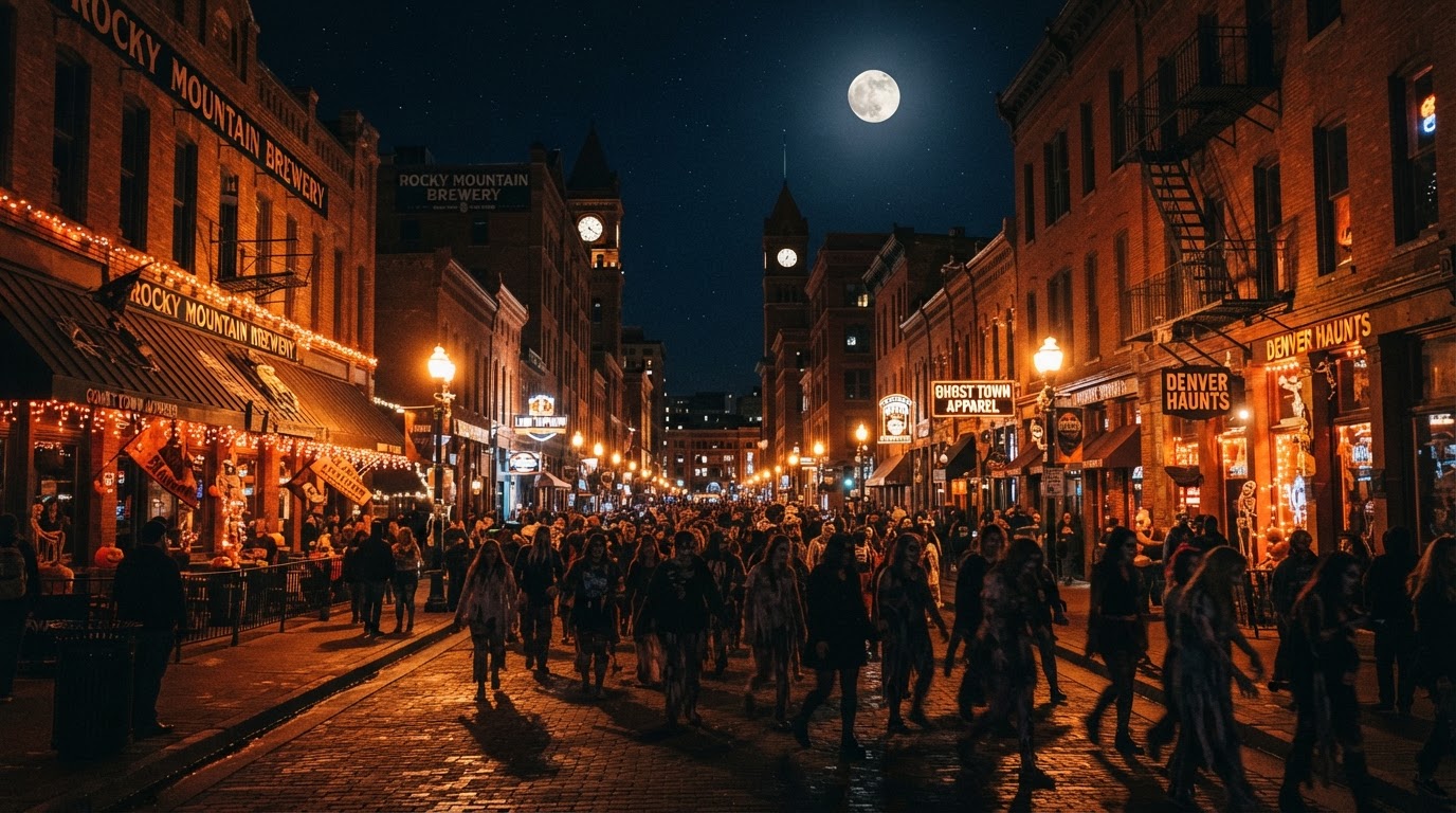LoDo Decorated Crawl in Denver — a downtown brick warehouse district at night with shop windows and awnings decked in orange Halloween lights, a costumed zombie-crawl crowd in silhouette, street lamps, warm glow, and a full moon.