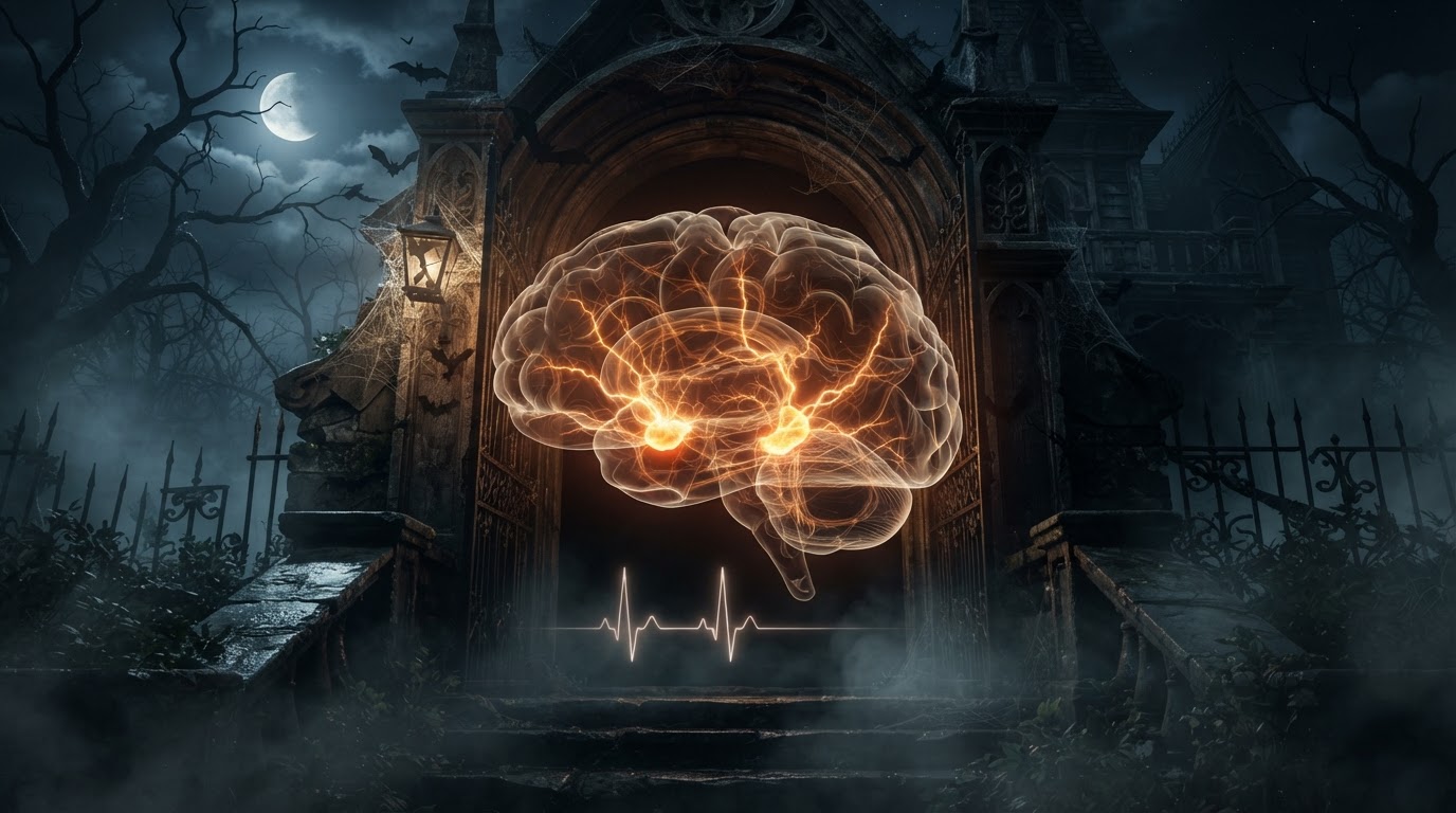A glowing translucent human brain silhouette with lightning bolts and a highlighted amygdala, set inside the glowing entrance of a haunted house with mist — the science of fear and recreational fear.