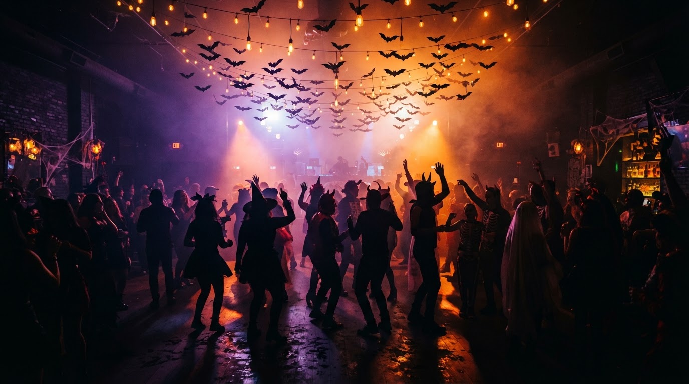 A lively Halloween party — silhouettes of costumed guests dancing under orange and purple party lights with a fog-machine haze and paper bats overhead.