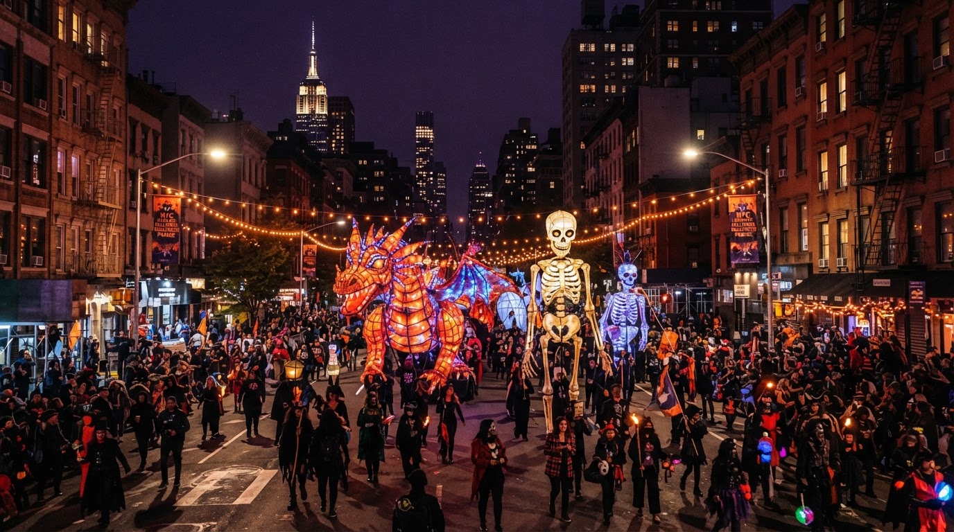 The Village Halloween Parade in Greenwich Village — giant glowing skeleton and dragon puppets marching down a Manhattan street lined with costumed marchers under orange string lights and a full moon.