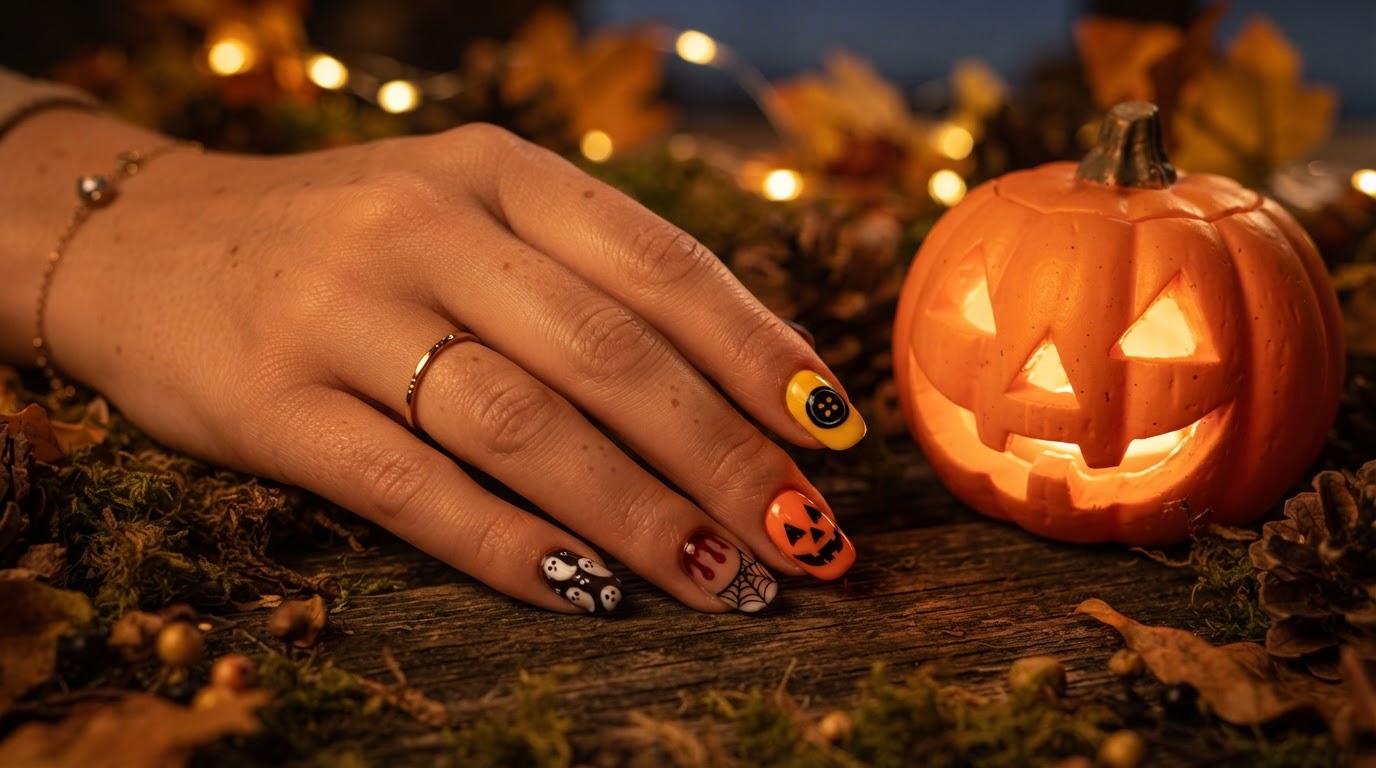 A close-up of Halloween nails — tiny white ghosts, a blood-drip gradient, a spider-web French tip, jack-o'-lantern faces, and Coraline button-eye accent nails on an autumnal hand with a carved pumpkin in the background.