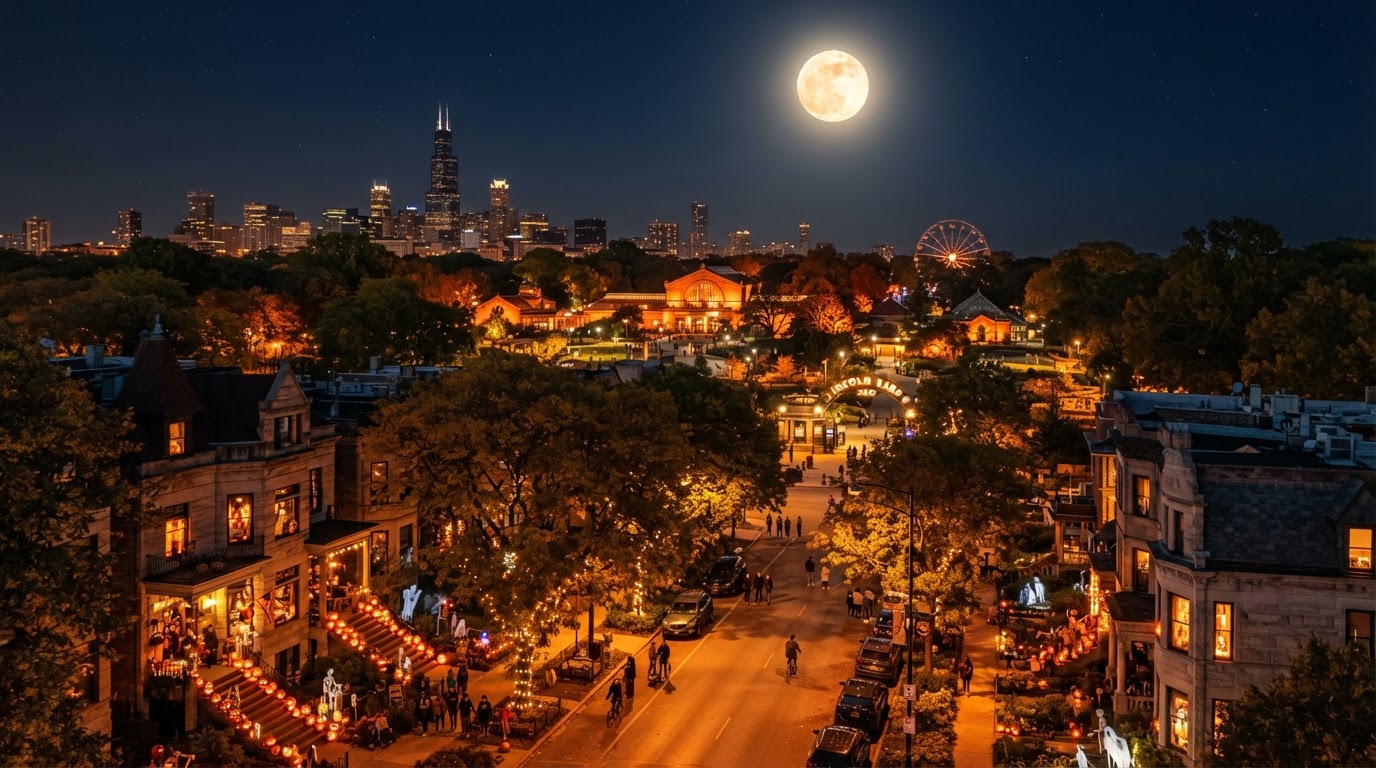 Lincoln Park Pumpkin Glow in Chicago — a city zoo and tree-lined neighborhood at night with lit pumpkin displays and glowing porch lights along the streets, Lincoln Park, warm orange glow, and a full moon.