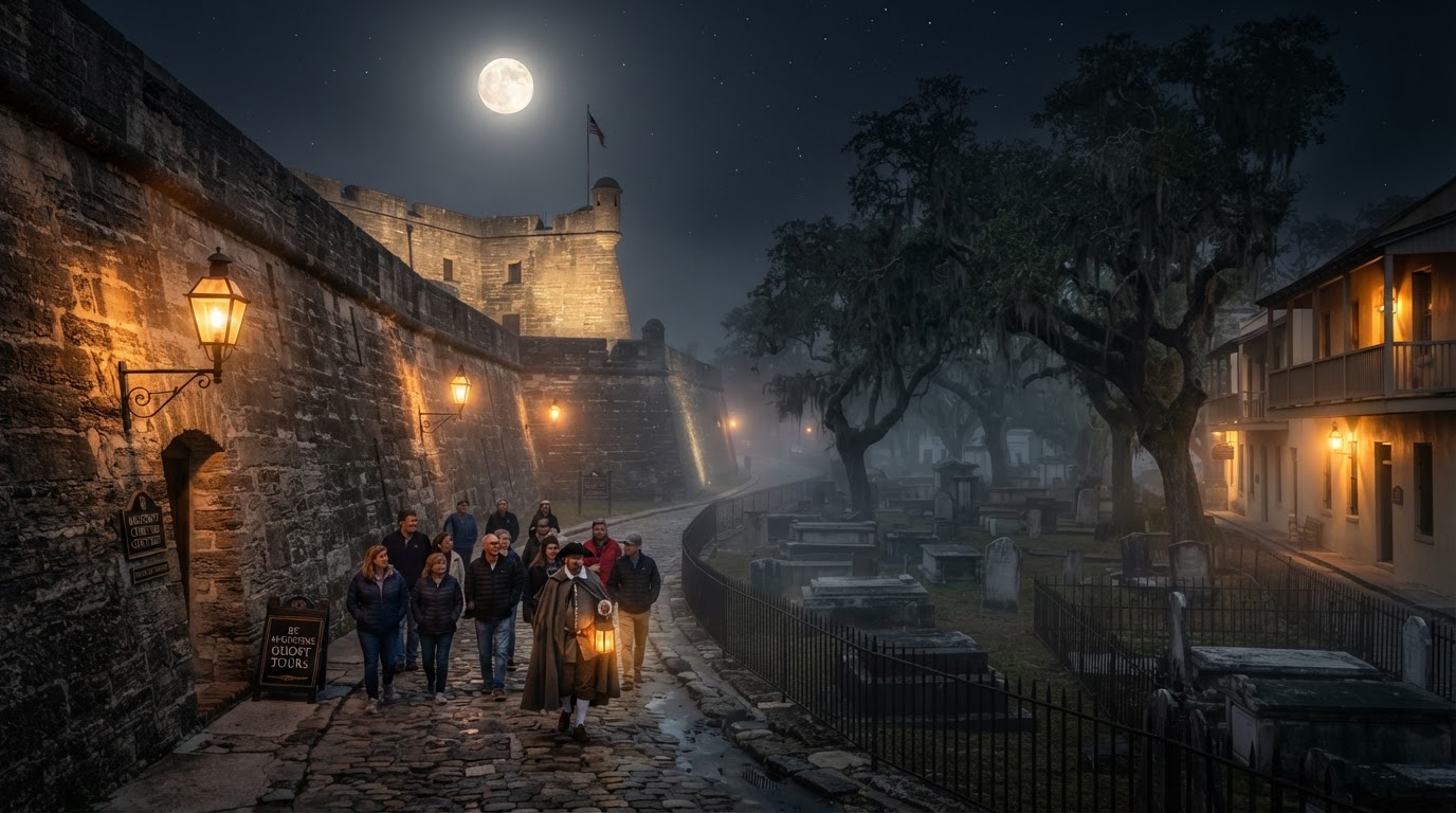A St. Augustine ghost tour at night — a narrow colonial Spanish street beside a stone fortress and a historic cemetery, glowing lanterns along coquina walls, drifting fog, gnarled trees, and a full moon.