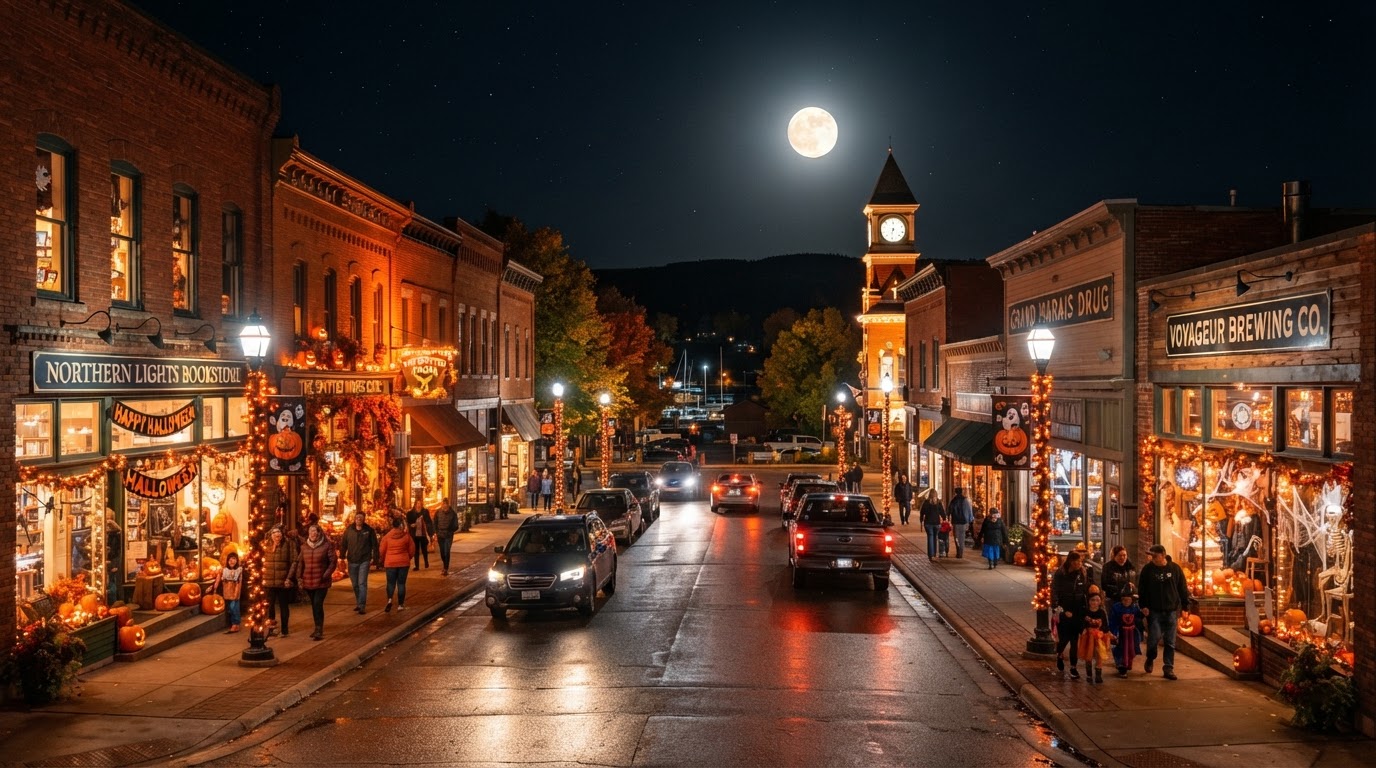 Anoka Downtown Lights — a small-town Minnesota main street at night with storefronts and lampposts decked in warm orange Halloween string lights, carved pumpkins on stoops and window displays, and a full moon.