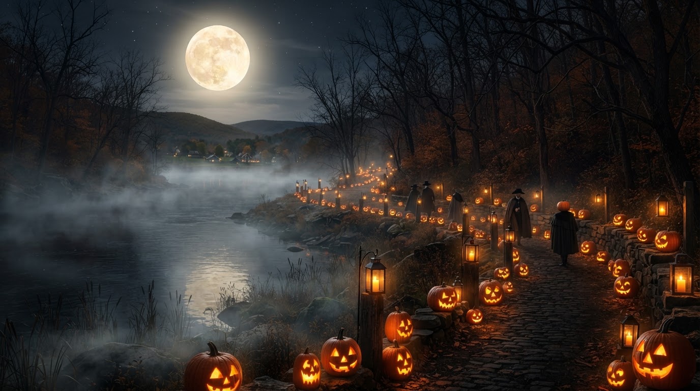 Sleepy Hollow Jack-O'-Lanterns — jack-o'-lanterns and lanterns lining the bank of the Hudson River at night in the Headless Horseman's autumn hometown, bare trees, mist over the water, warm glow, and a full harvest moon.