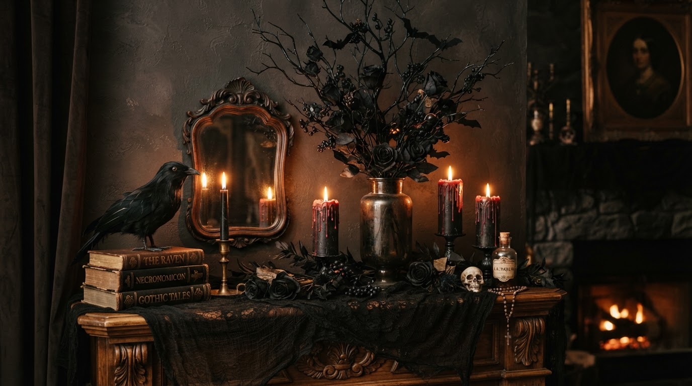 A gothic pumpkin-free Halloween mantle with black cheesecloth drape, matte-black painted branches in tall glass vases, a faux raven on stacked vintage books, blood-drip pillar candles, and dried black roses.