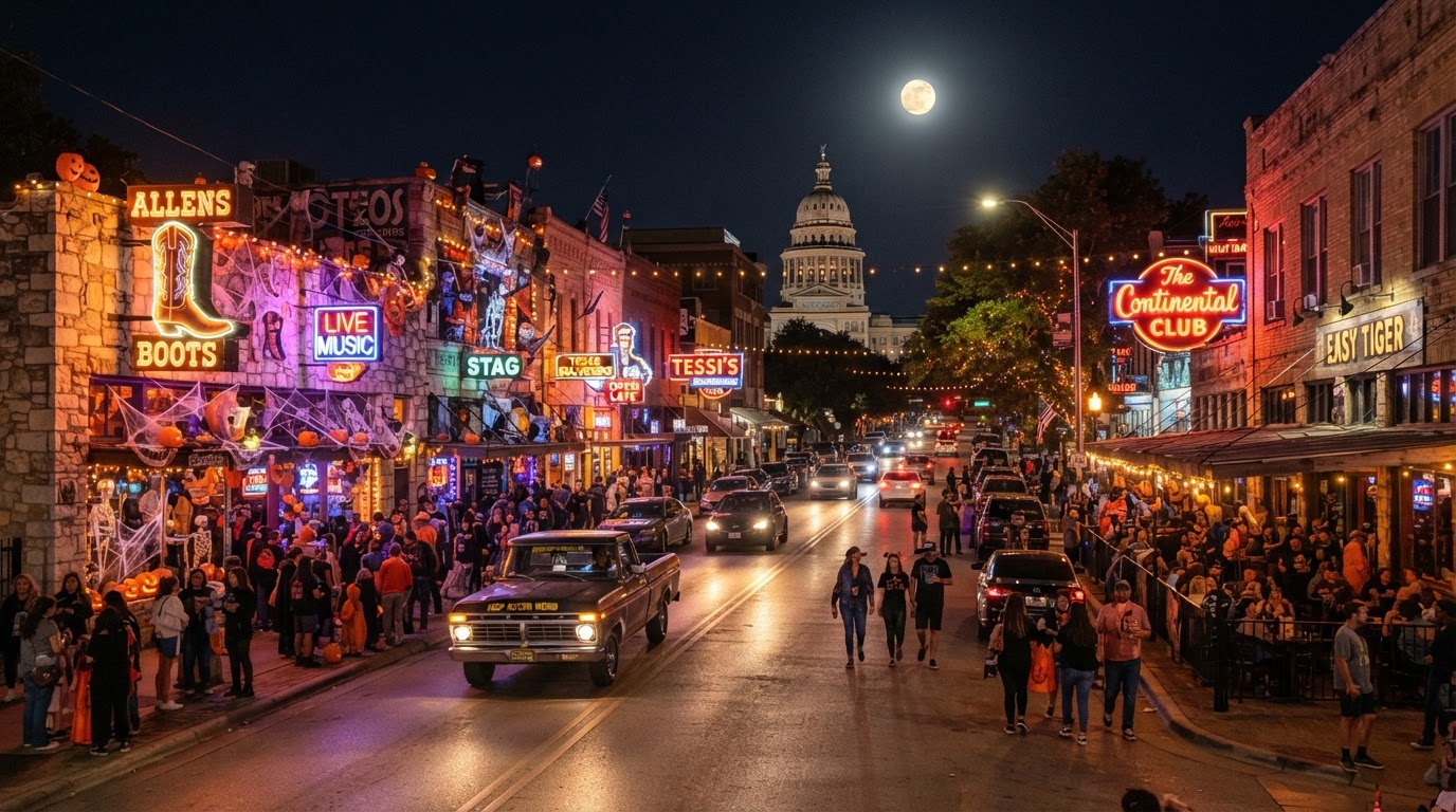 Spooky South Congress in Austin — a South Congress street at night with quirky decorated porches and storefronts in orange and purple Halloween lights, live-music neon signs, a warm Texas autumn evening, and a full moon.