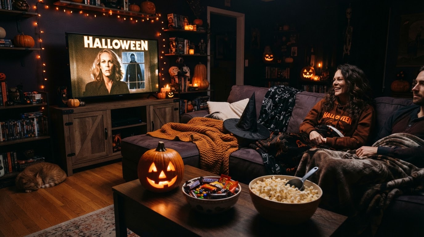 A cozy Halloween movie night — a living room with a TV glowing with a classic Halloween horror film, a jack-o'-lantern, candy bowls, a witch hat on the couch, popcorn, and orange string lights under warm amber glow on a deep purple-black background.