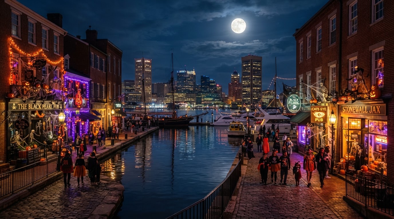 Baltimore Decorated Harbor — the Inner Harbor and historic Fells Point at night with lantern-lit storefronts, spooky porch displays, and Halloween string lights reflected on the water, warm glow, and a full moon.