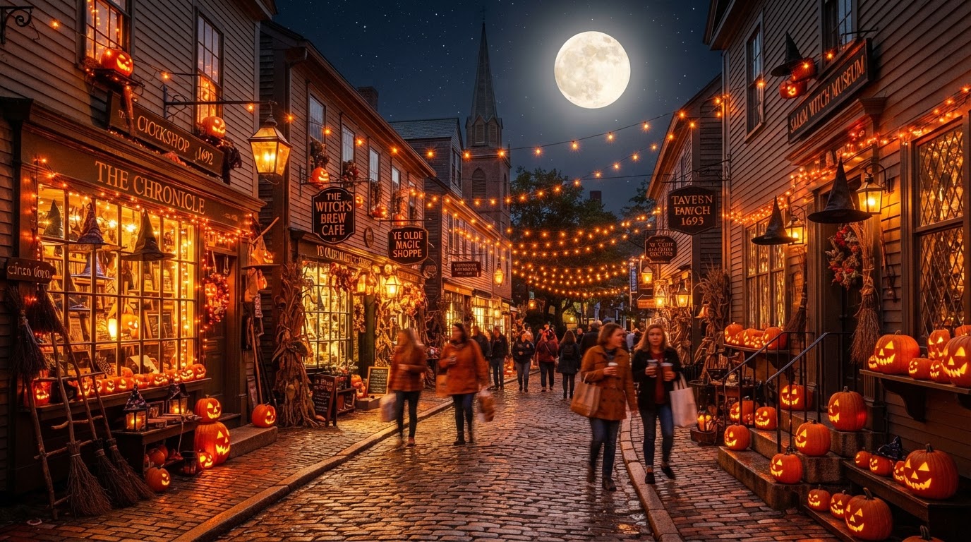 Salem Witch City Lights — a cobblestone street in a historic New England witch town at night draped in orange string lights, lanterns, and jack-o'-lanterns, witch hats and brooms on old storefronts, warm glow, and a full moon.