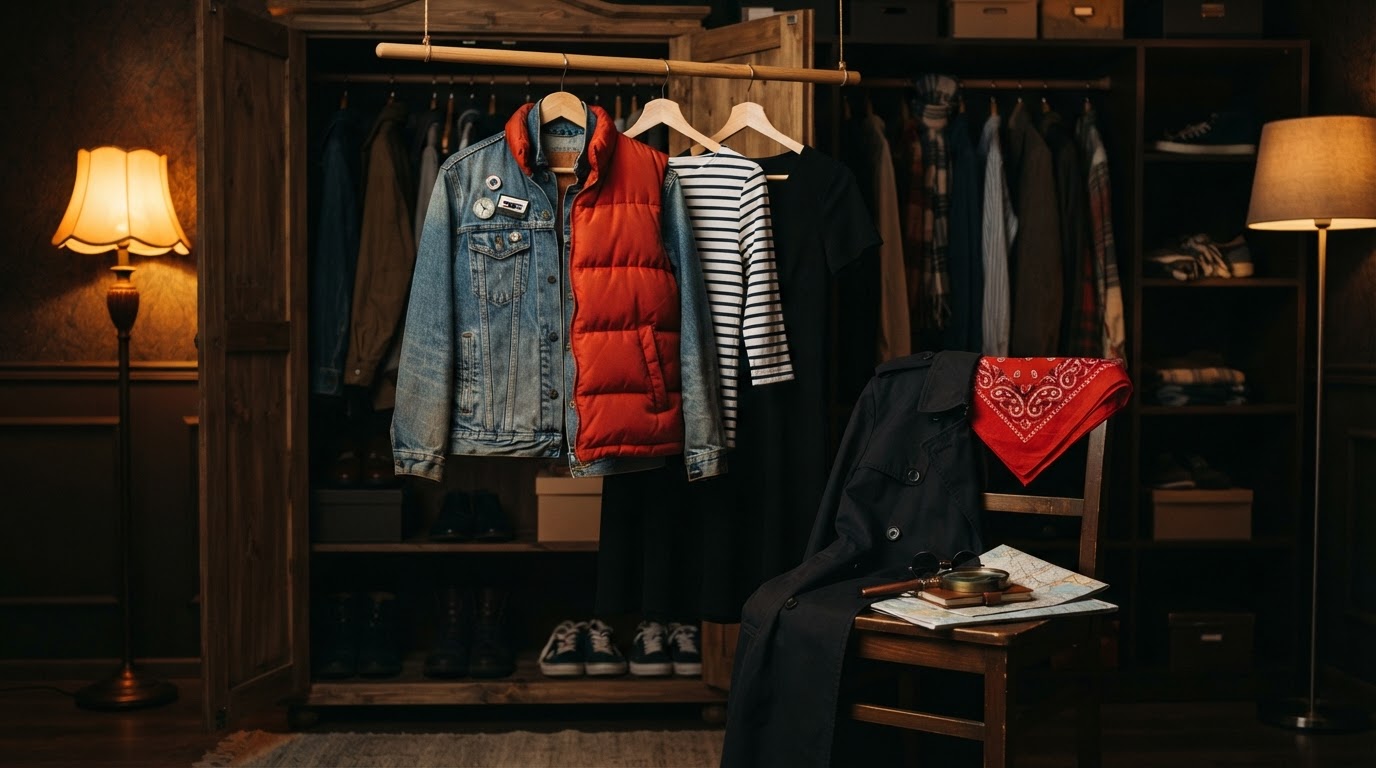 An open wardrobe with everyday clothes becoming Halloween costumes — a denim jacket, red vest, striped Breton shirt, black dress, trench coat, and red bandana on hangers, with sunglasses and a magnifying glass.