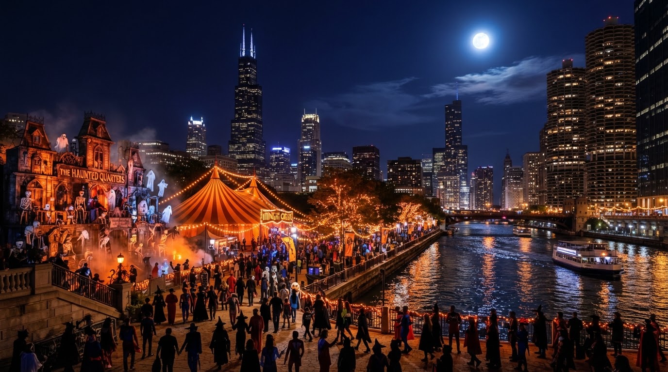 Chicago Halloween — the city skyline and riverfront with a haunted-house facade and a striped circus tent glowing orange, a costumed crowd in silhouette, orange string lights, and a full moon.