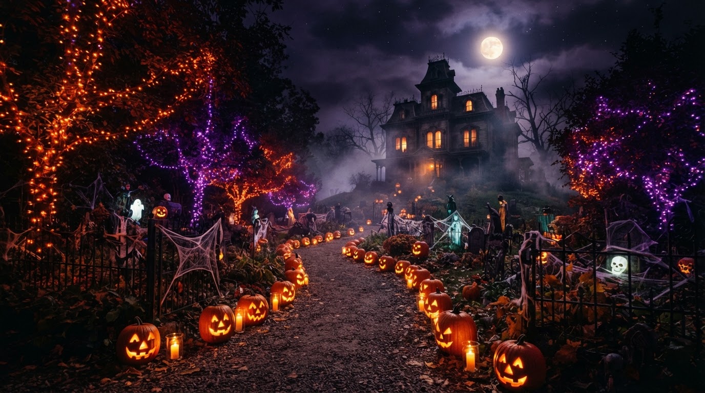 A Halloween night yard glowing with orange and purple string lights, lit carved pumpkins lining a path, and a misty haunted house in the distance under a full moon.