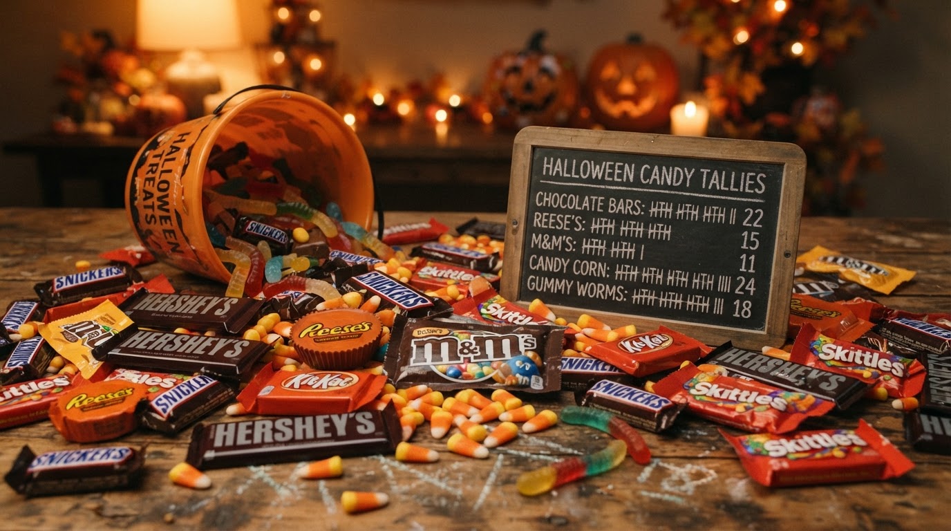 A wooden table piled high with wrapped chocolate bars, Reese's cups, M&M's, candy corn, and gummy worms spilling from a tipped bucket, with a small chalkboard of tally marks — Halloween candy by the numbers.