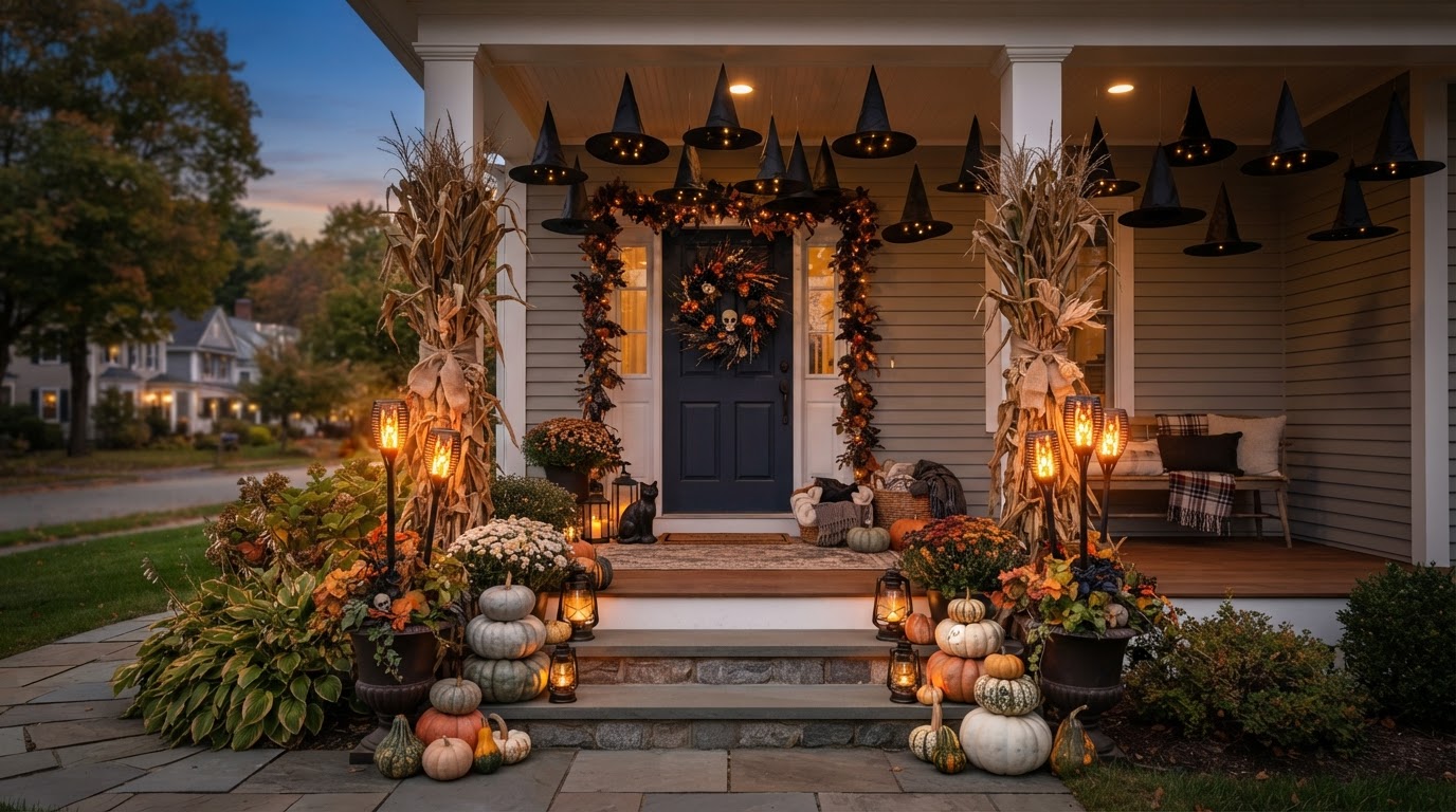 A cord-free Halloween porch with solar flame-torch stakes flickering in planters, battery lanterns with timers on steps, hanging witch hats from the ceiling on fishing line, stacked heirloom pumpkins, and cornstalk bundles.