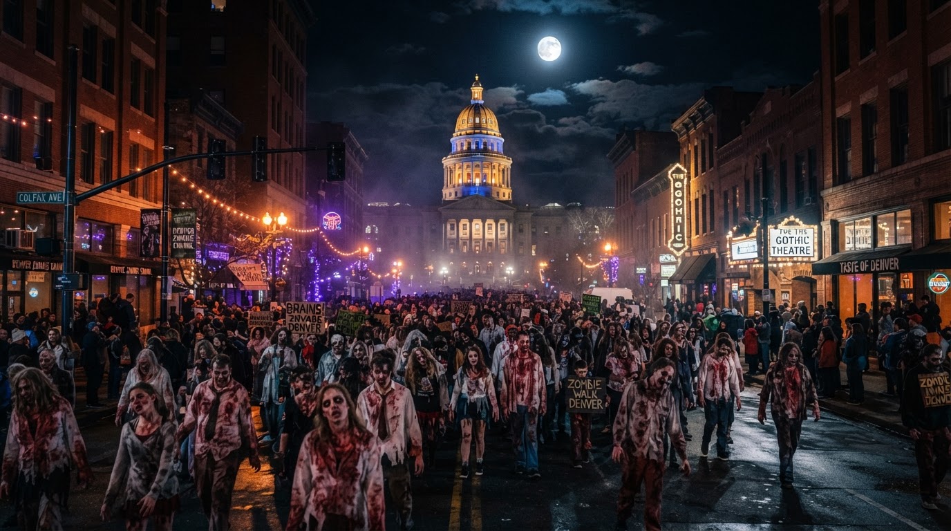 The Denver Zombie Crawl — a huge crowd of zombie-costumed people shuffling through a downtown Denver street, the City Hall dome lit behind them, orange and purple street lights, fog, and a full moon.