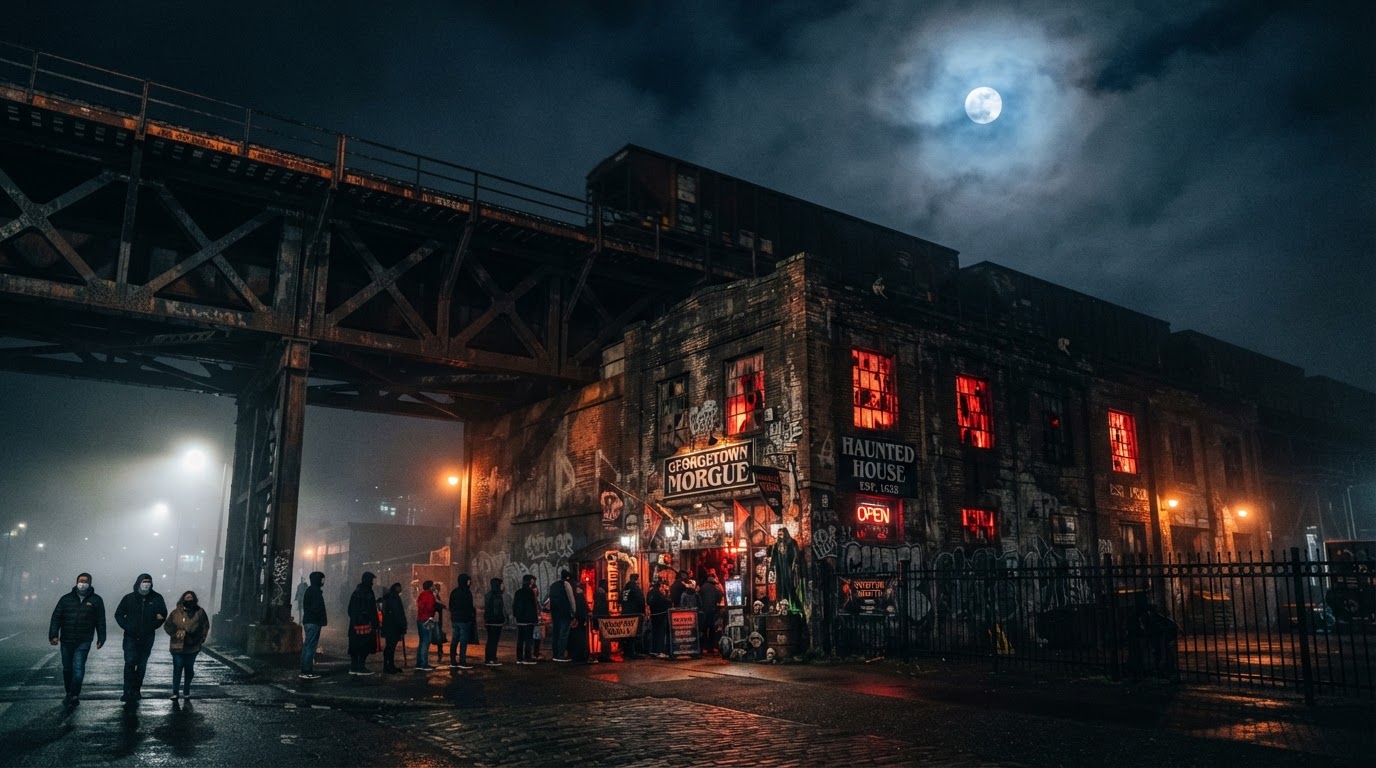 The Georgetown Morgue haunted house in Seattle — a spooky industrial brick building under a railroad overpass with rusty tracks, red and orange glow from the windows, heavy fog, and a full moon.