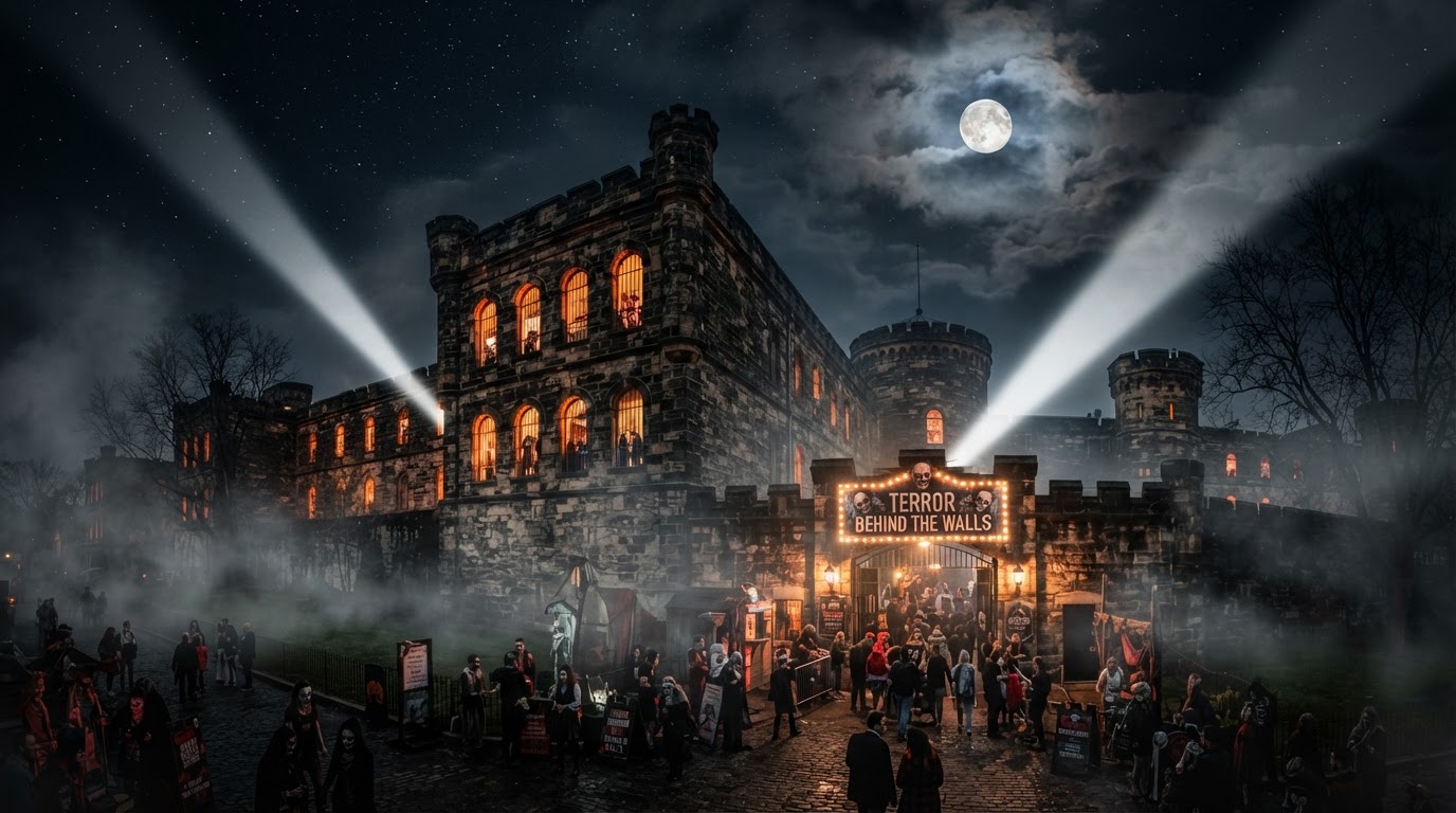 Terror Behind the Walls at Eastern State Penitentiary in Philadelphia — a massive gothic stone prison with arched cell-block windows glowing orange from within, rolling fog, searchlights, bare trees, and a full moon.