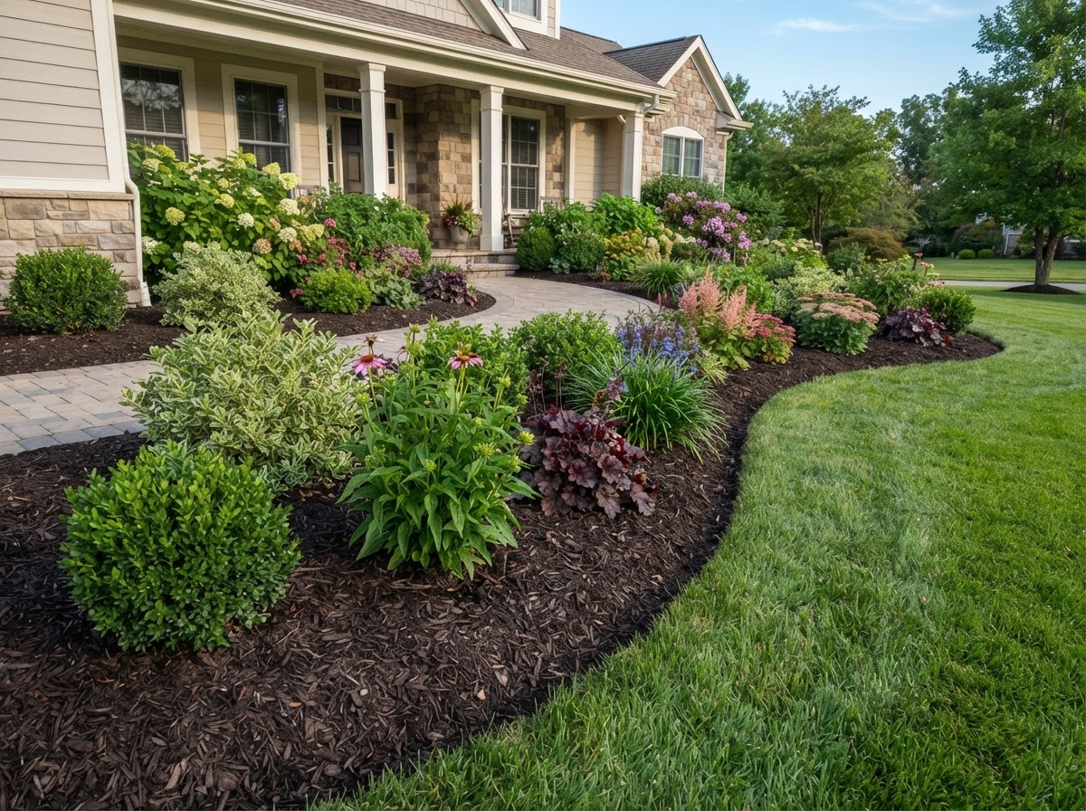 A landscape bed refreshed with mulch in the Oconee County area.