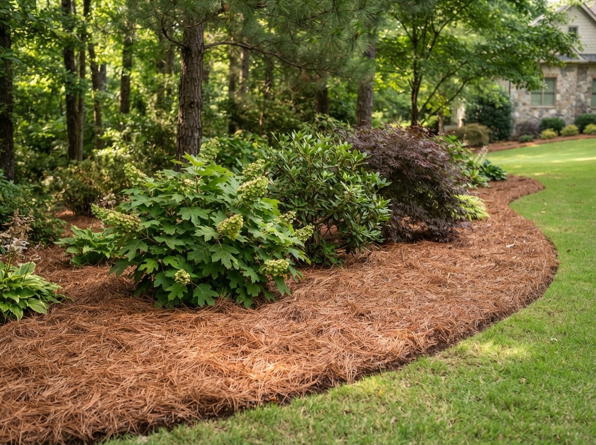 Pine straw installed in a landscape bed in the Oconee County area.