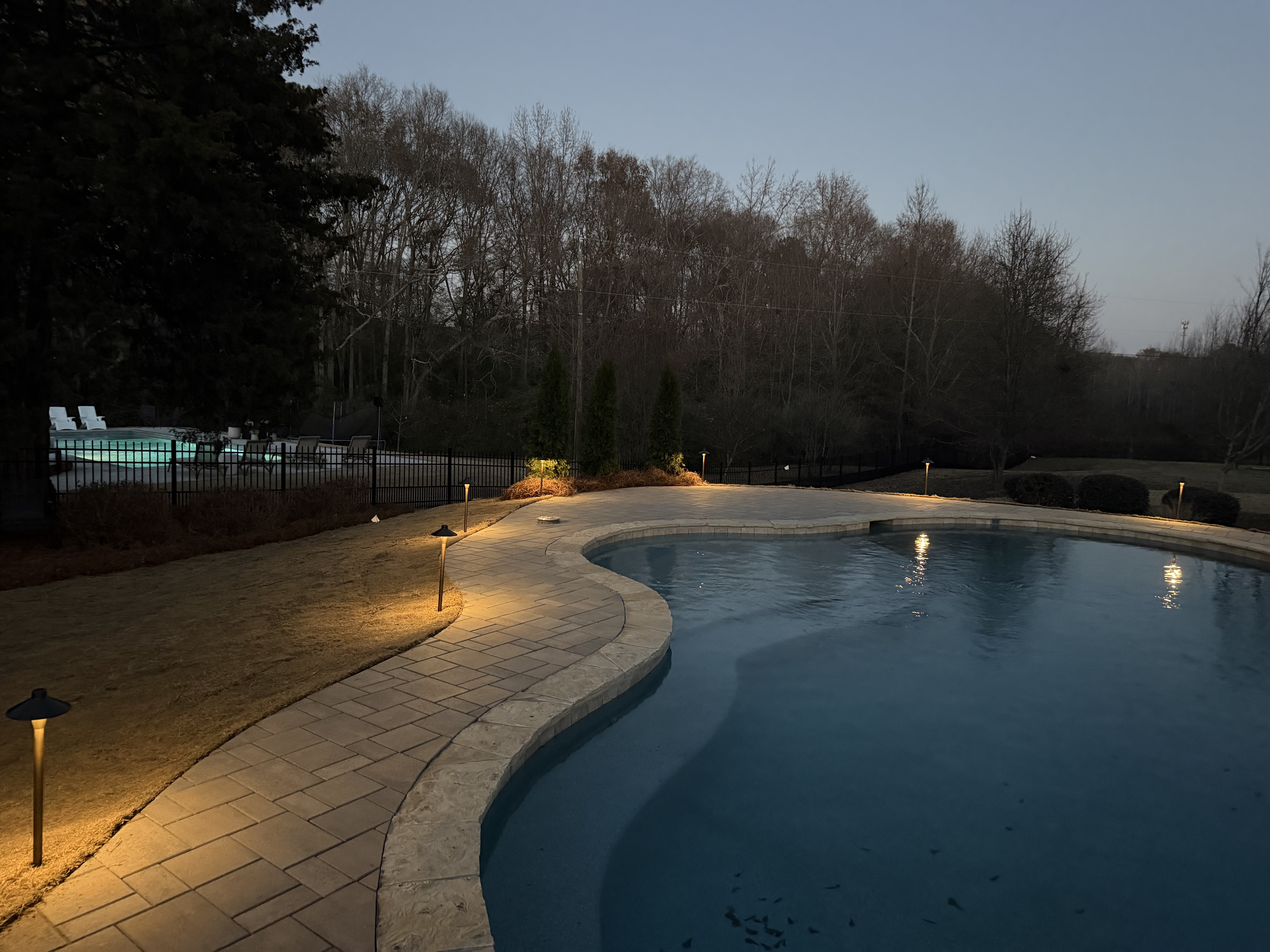 Landscape beds and pavers around a backyard pool with low-voltage lighting.