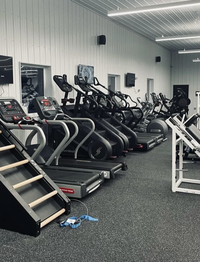 Cardio section with StairMasters and treadmills at Iron Body gym