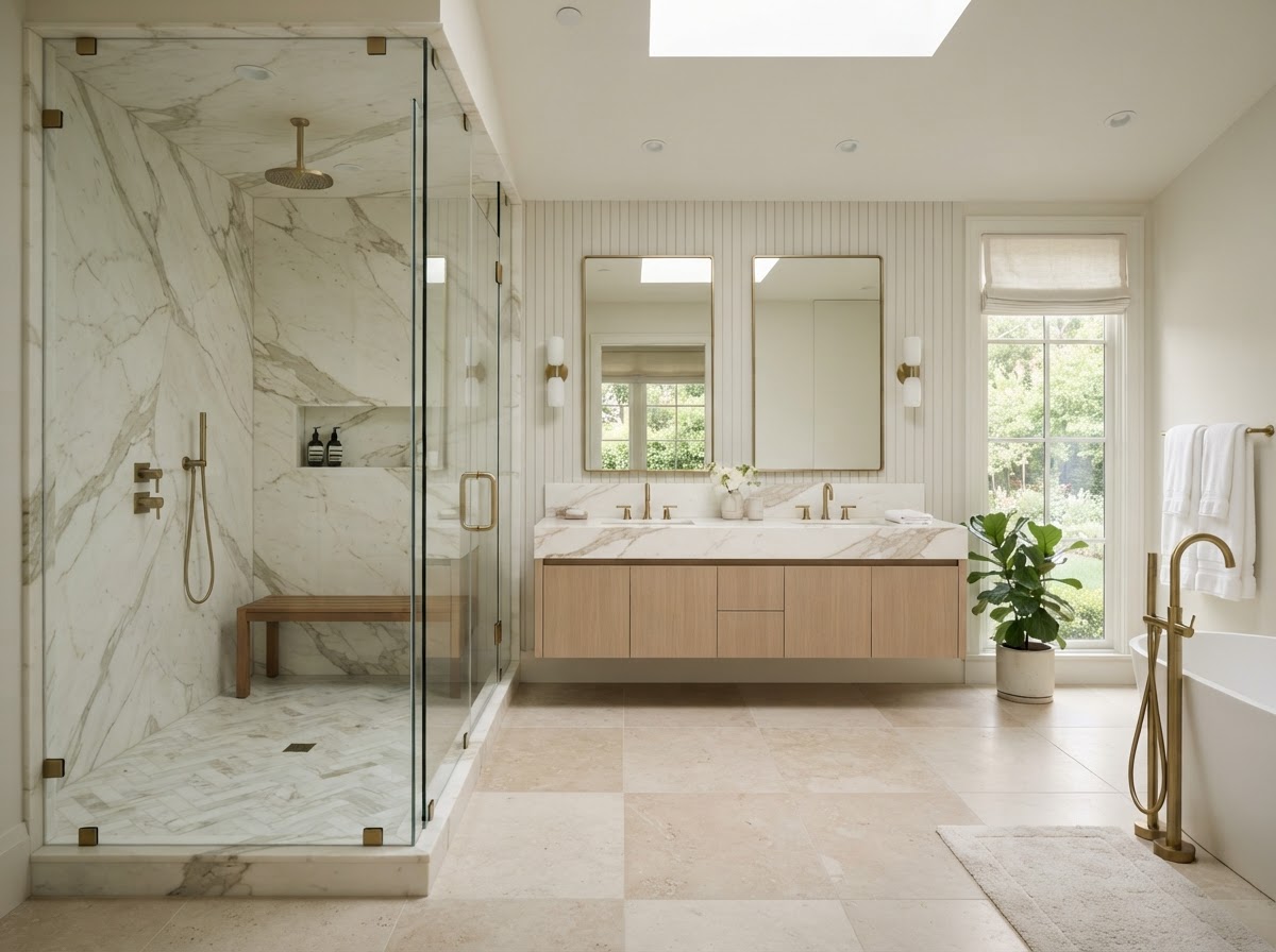 A finished primary bathroom with a marble shower, white oak vanity, and brushed brass fixtures
