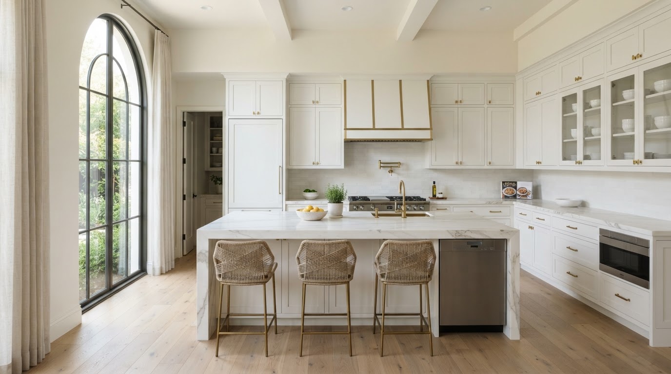 A bright, finished luxury kitchen with custom inset cabinetry, marble island, and brass hardware