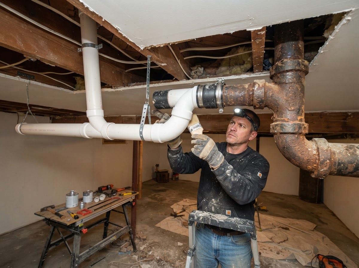 Old cast iron drain pipe replaced with PVC in an East Setauket home