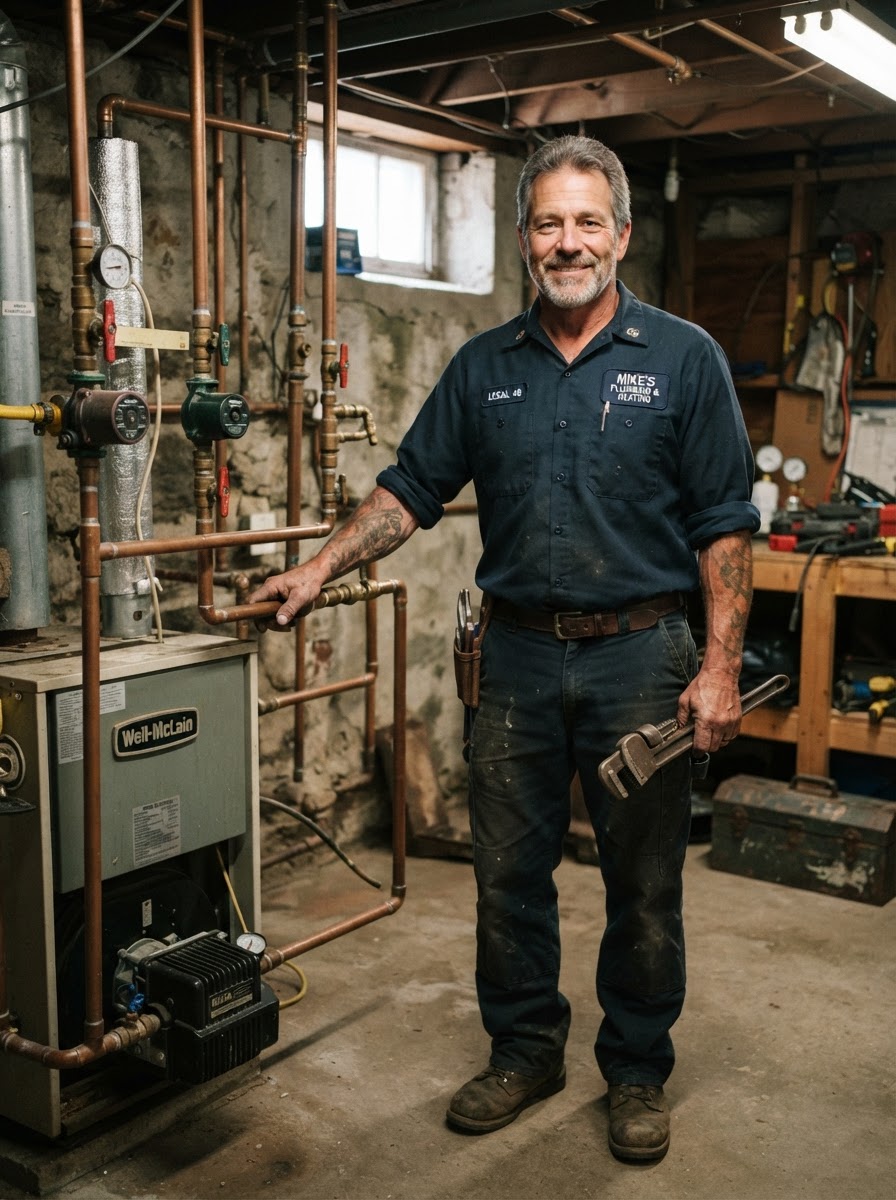Paul Krauss, licensed master plumber, standing in a Port Jefferson Station basement