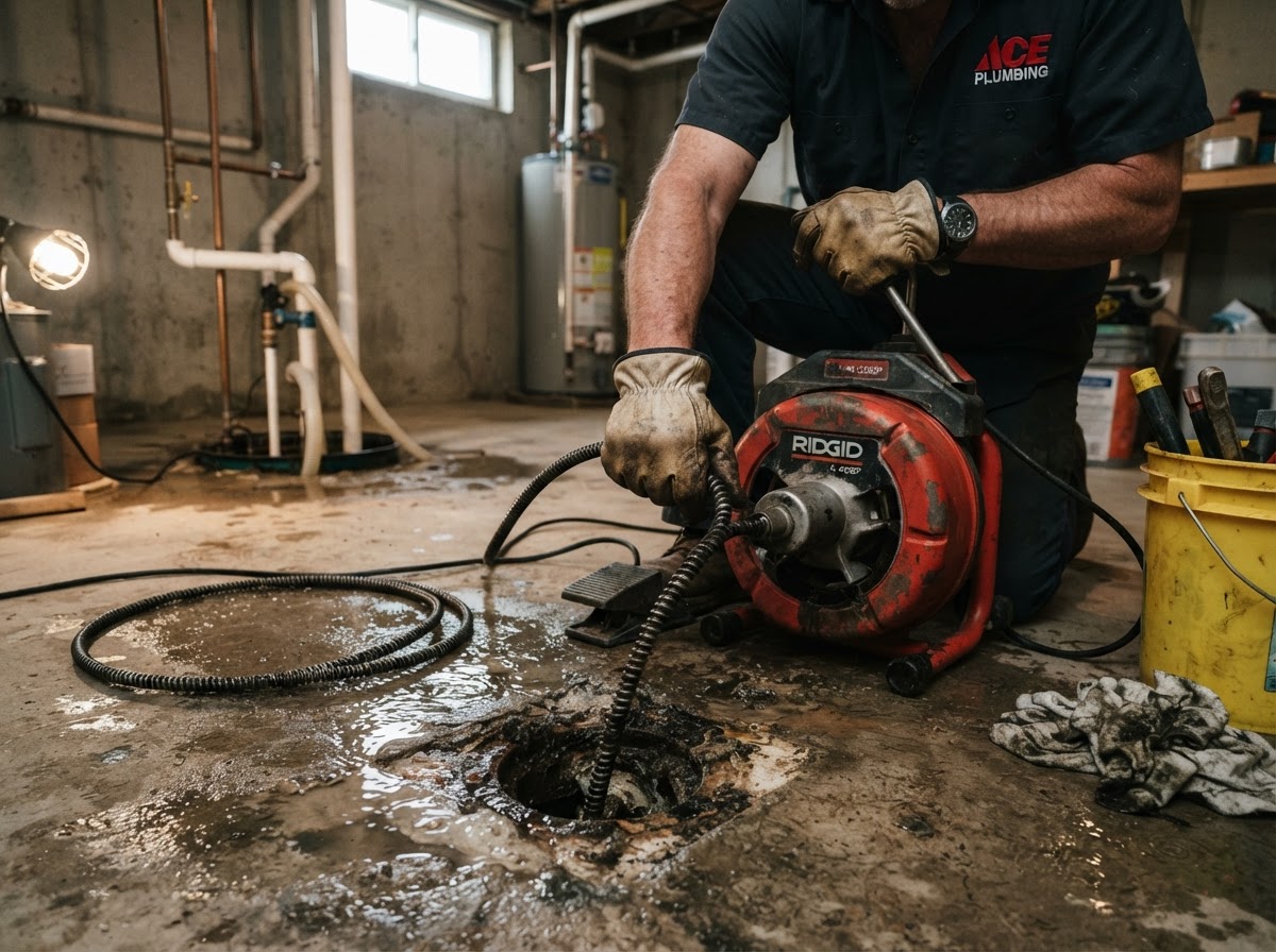 Drain snake clearing a clogged main line in a Port Jefferson Station basement