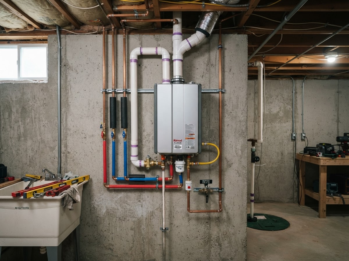 Tankless water heater installed on a basement wall in Mount Sinai