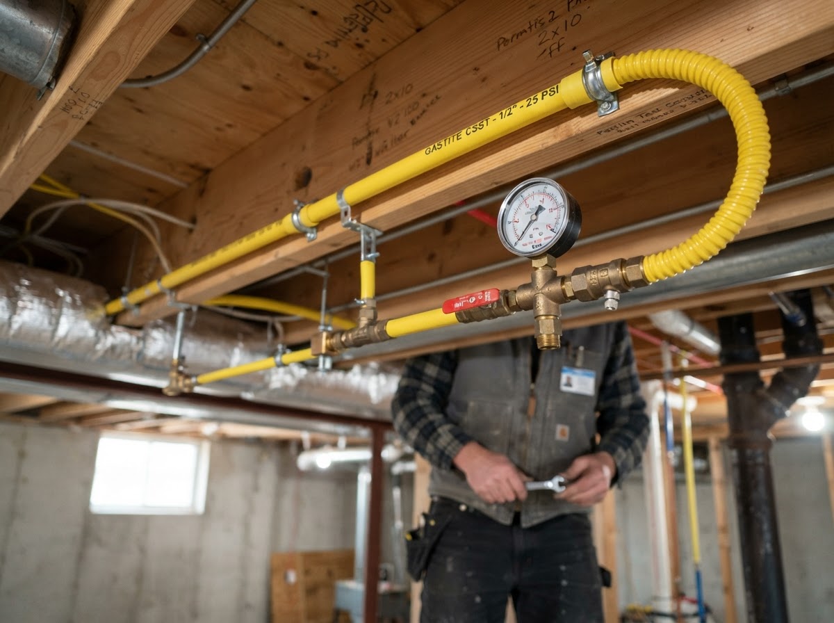 New CSST gas line with pressure test installed in a Selden basement