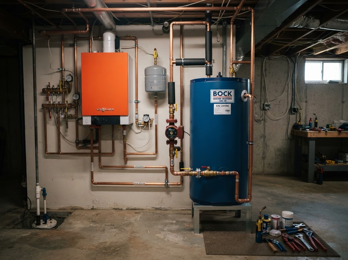Indirect water heater with circulator installed next to a boiler in Port Jefferson Station